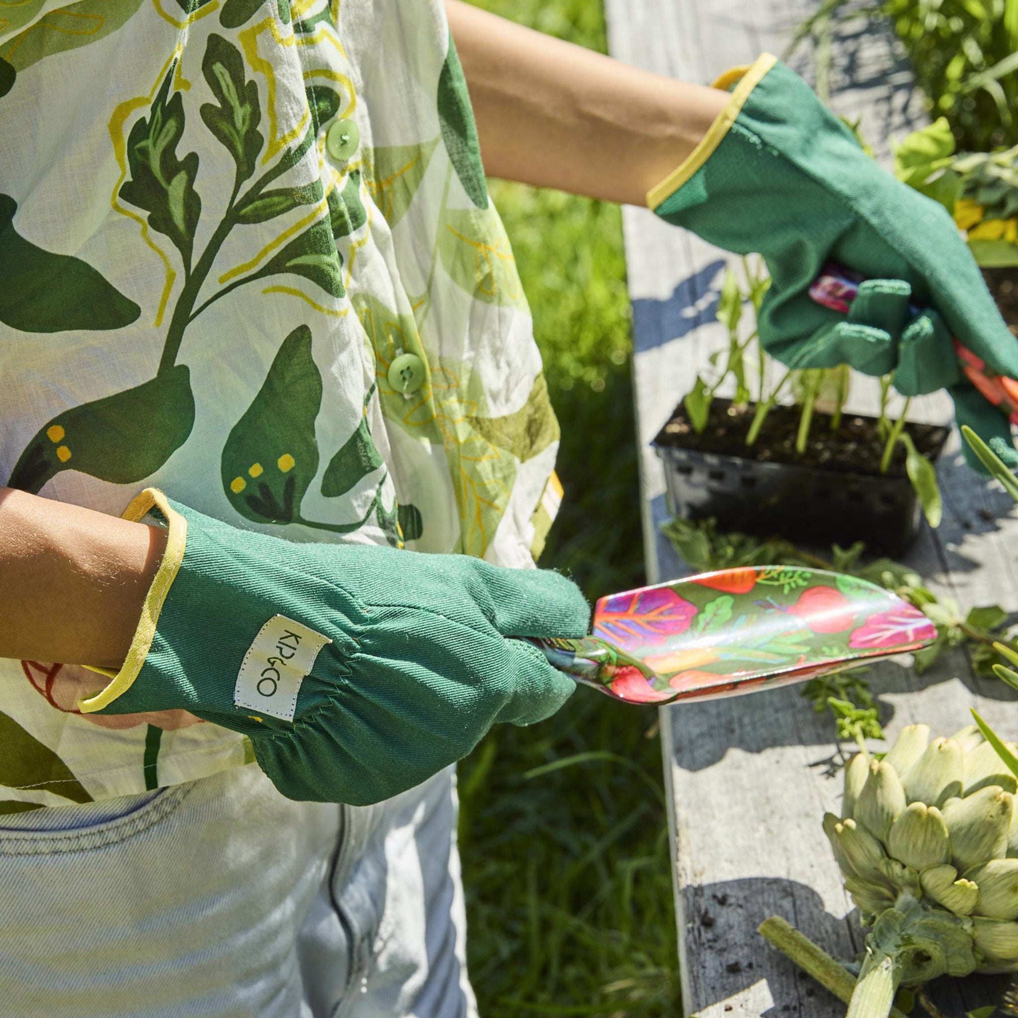 Person wearing green gardening gloves holding a small plant in a garden setting.