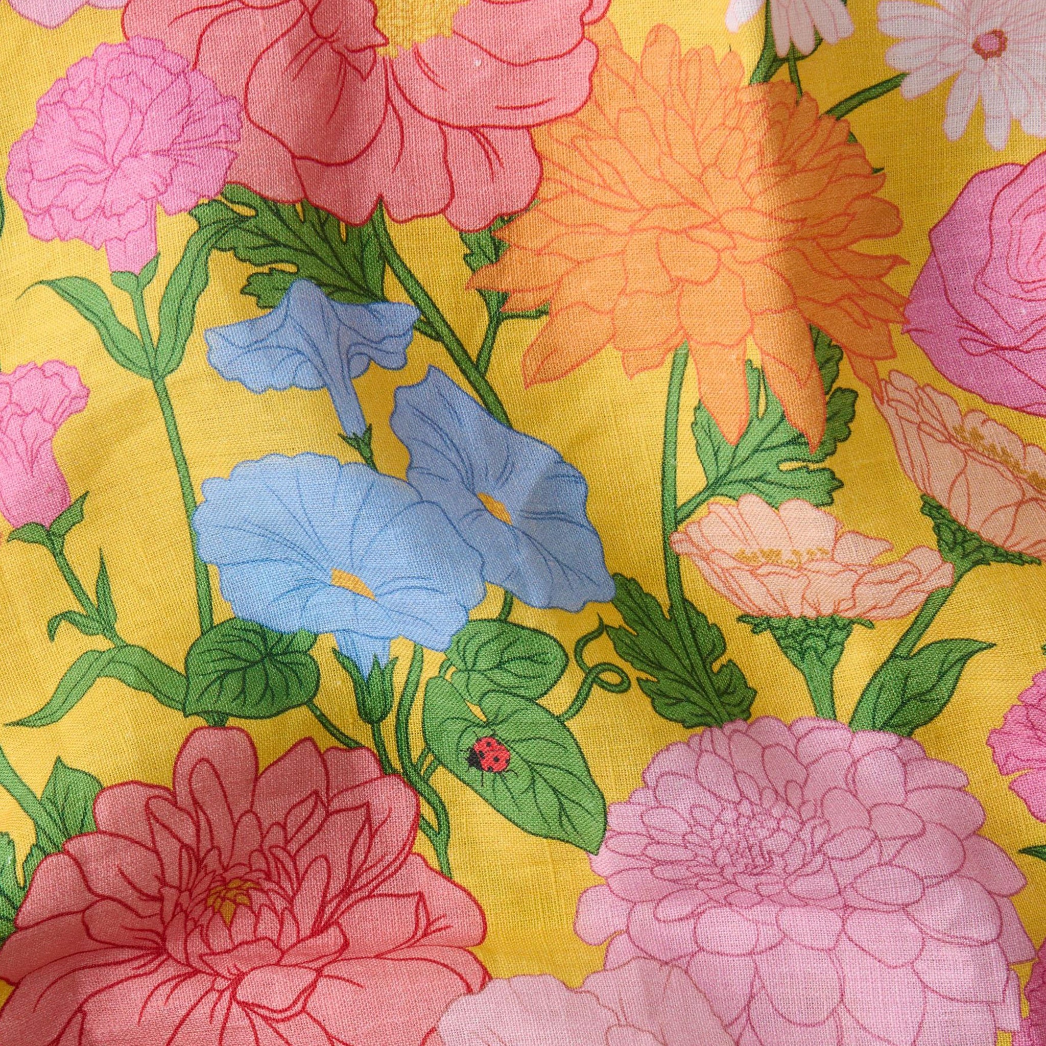 Floral pattern with pink, blue, and orange flowers on a yellow background