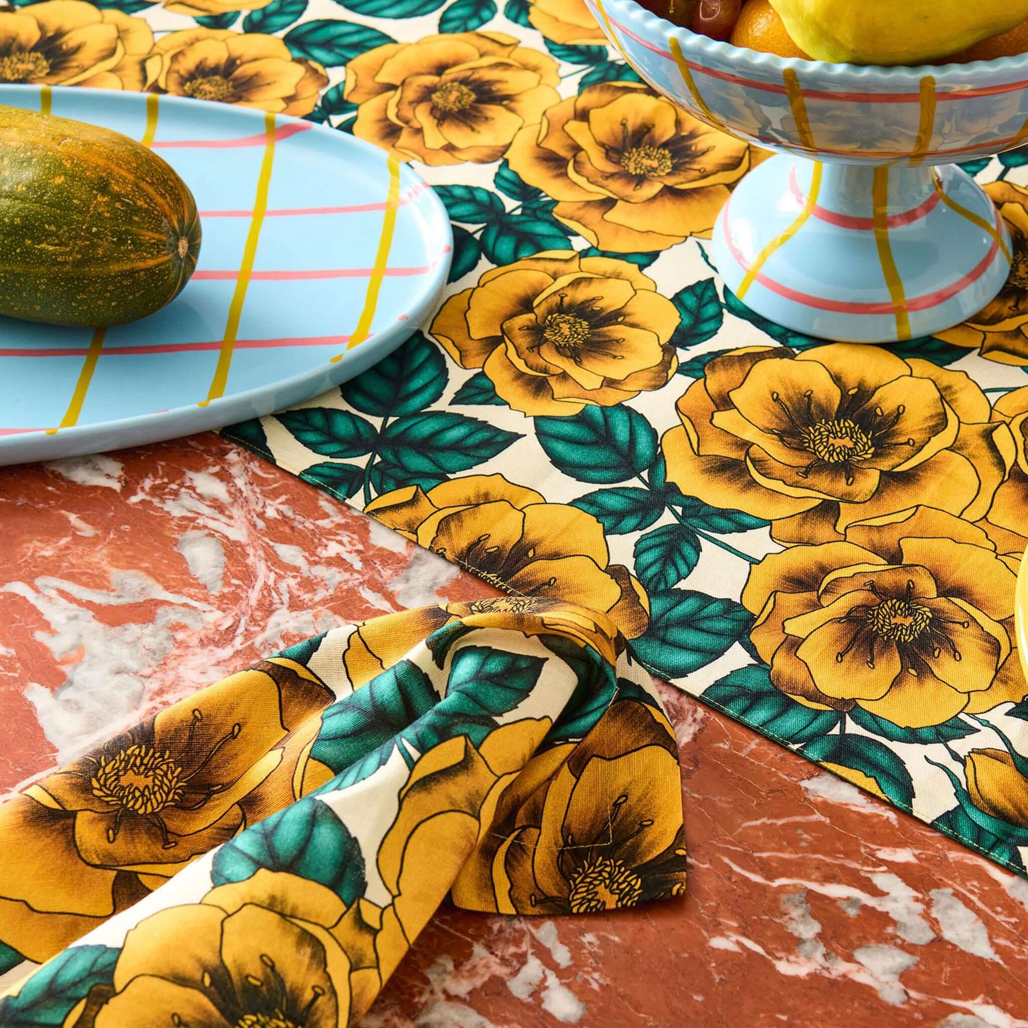 Alt Tag: Kip & Co Linen Table Runner - Golden Peony floral linen-cotton table runner with yellow peony print for stylish summer dining
