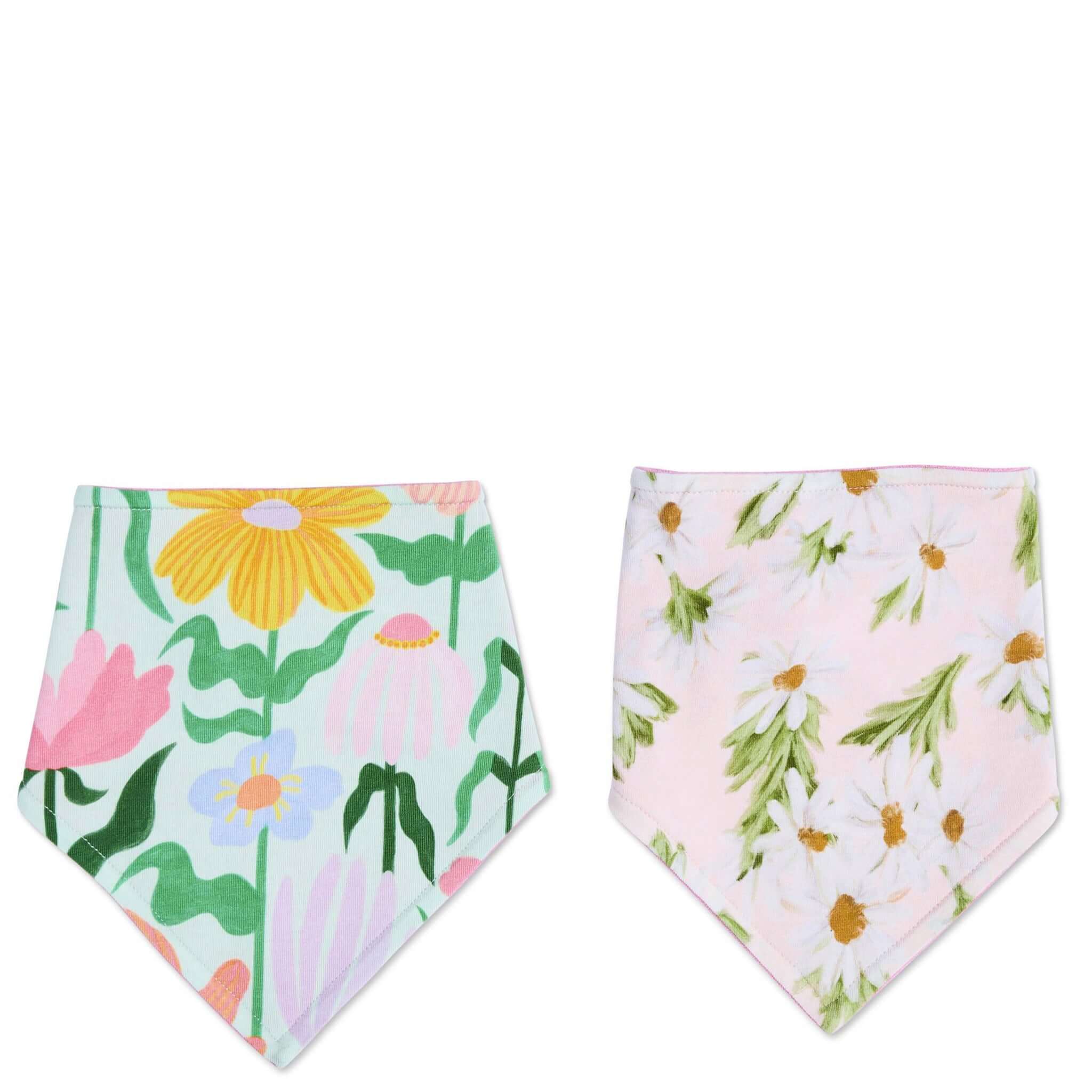 Alt Tag: Kip & Co Organic Cotton Dribble Bib Set - Sweet Flowers organic cotton baby bandana bibs, two floral prints