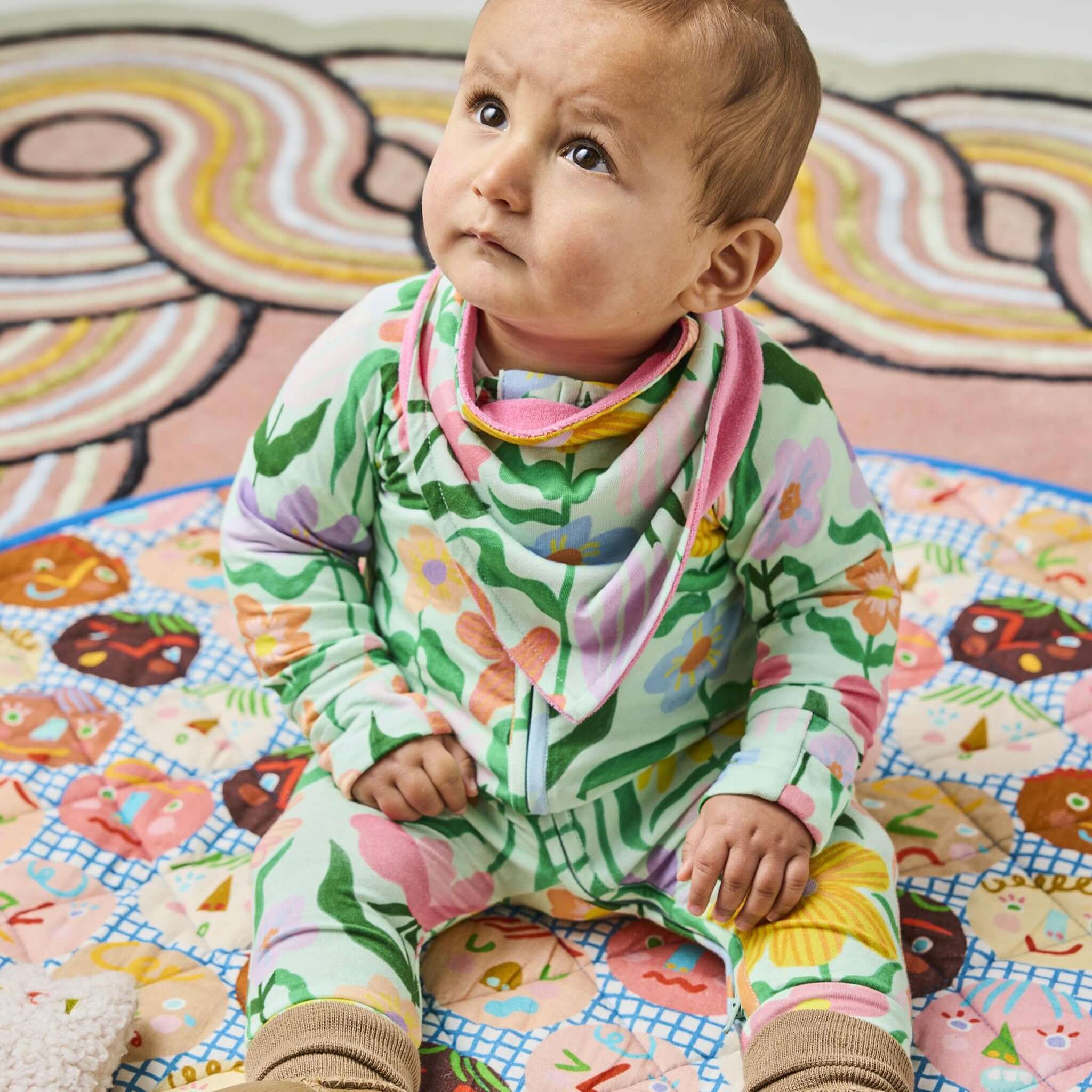 Alt Tag: Kip & Co Organic Cotton Dribble Bib Set - Sweet Flowers on baby, organic cotton floral dribble bib keeping bub dry