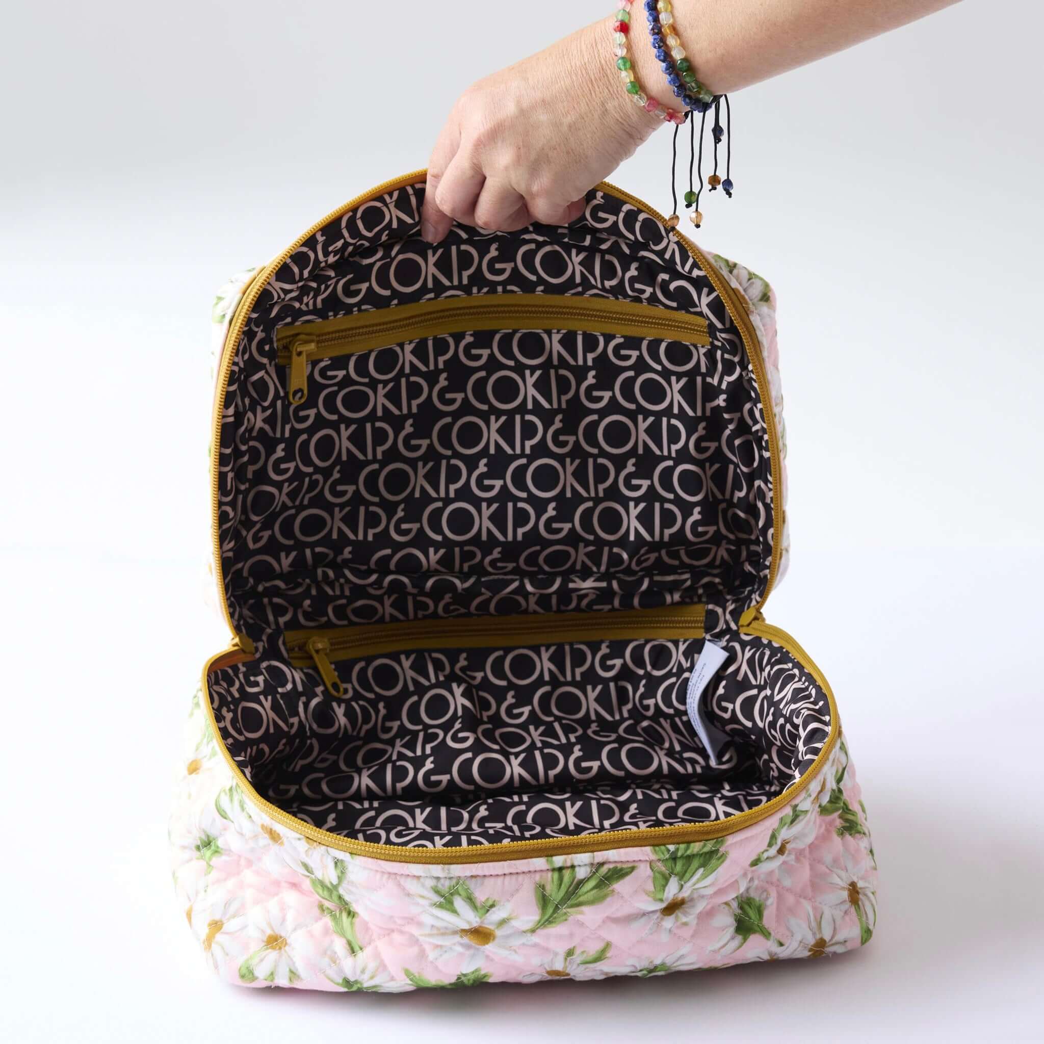 Alt Tag: Kip & Co Quilted Toiletry Case - Sweet Daisy open quilted cotton toiletry bag with floral print and zip compartments