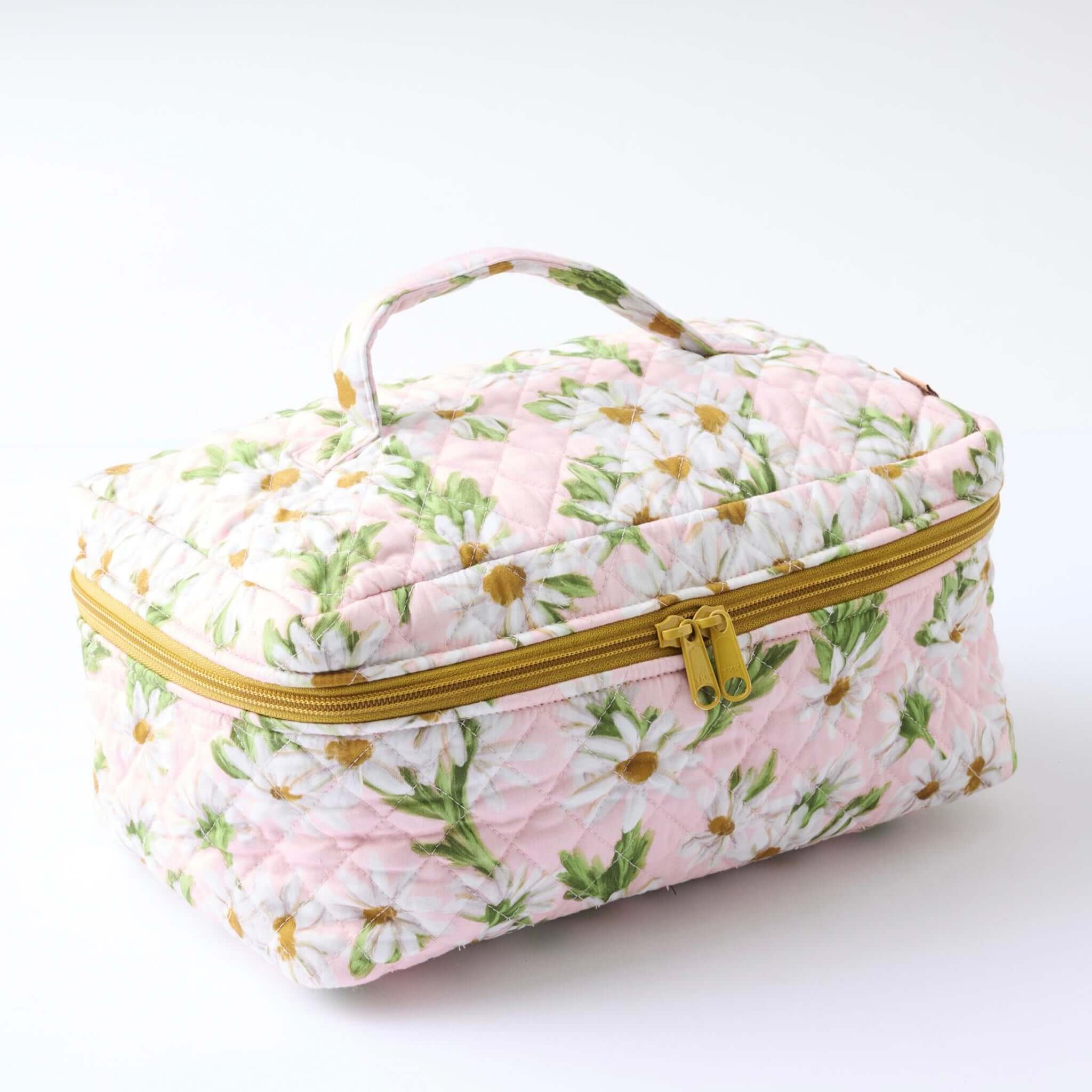 Alt Tag: Kip & Co Quilted Toiletry Case - Sweet Daisy quilted cotton floral zip toiletry bag with handle, pink daisy print