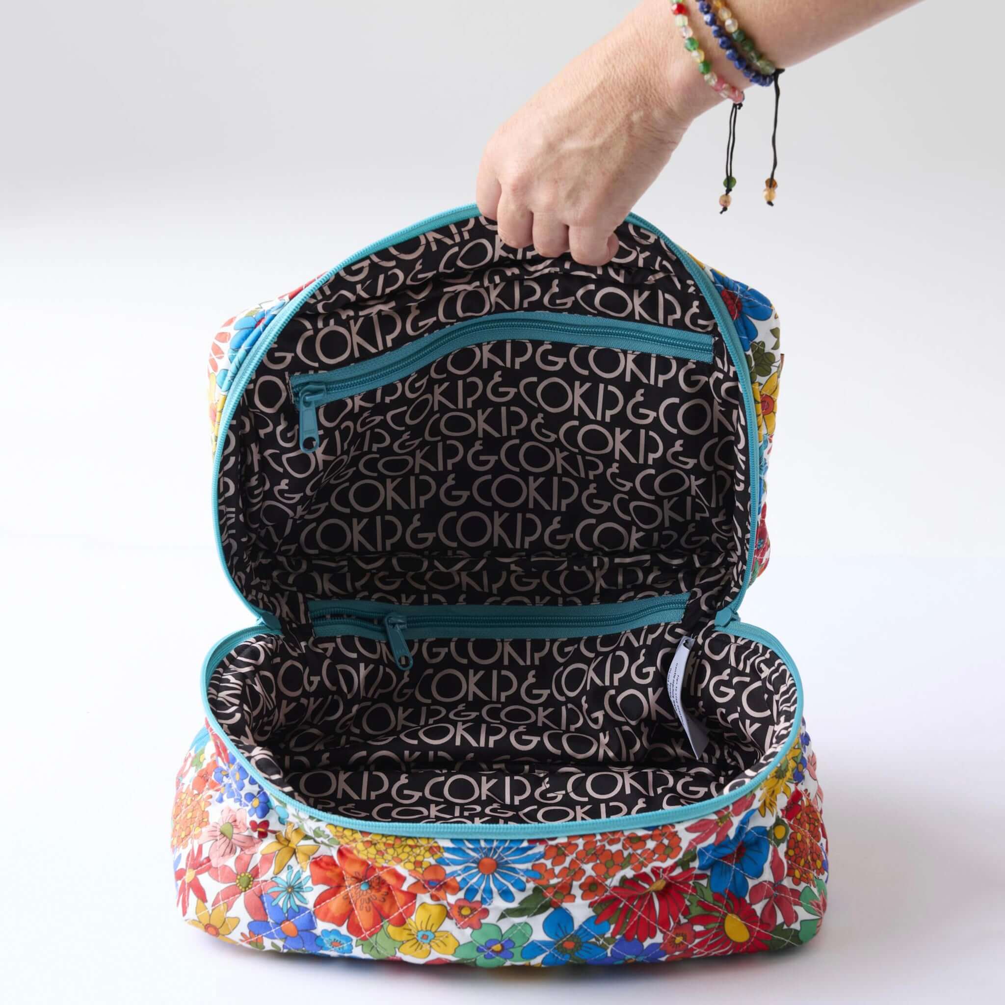 Alt Tag: Kip & Co Quilted Toiletry Case - Winter Fields open quilted cotton zip toiletry bag with floral print and spacious interior