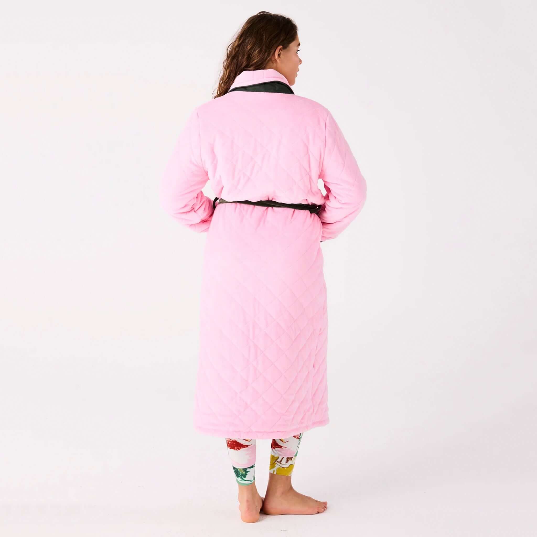 Alt Tag: Kip & Co Quilted Velvet Robe - Candy Pine quilted velvet robe back view, waist tie, soft mauve pockets