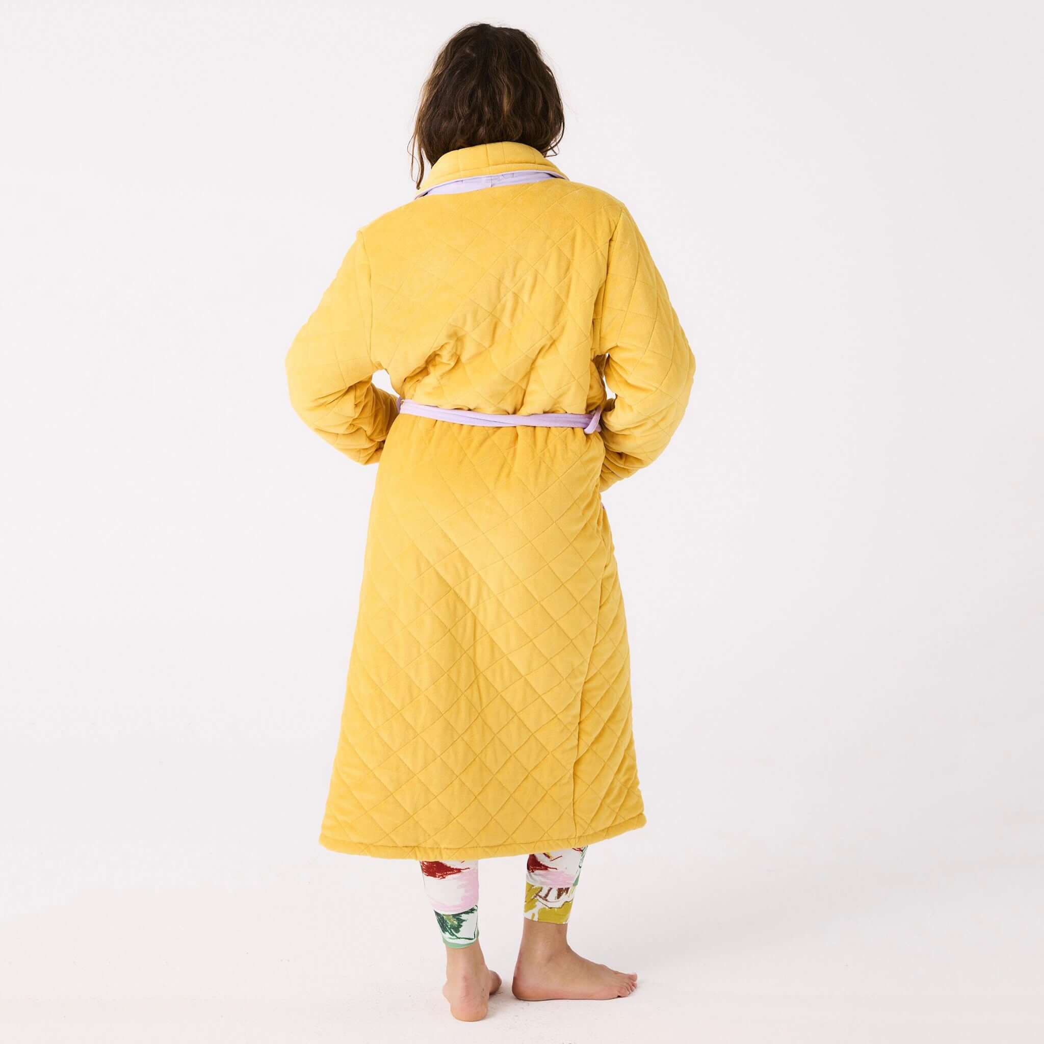 Alt Tag: Kip & Co Quilted Velvet Robe - Lavender Honey back view, quilted light honey robe with mauve waist tie and patch pockets