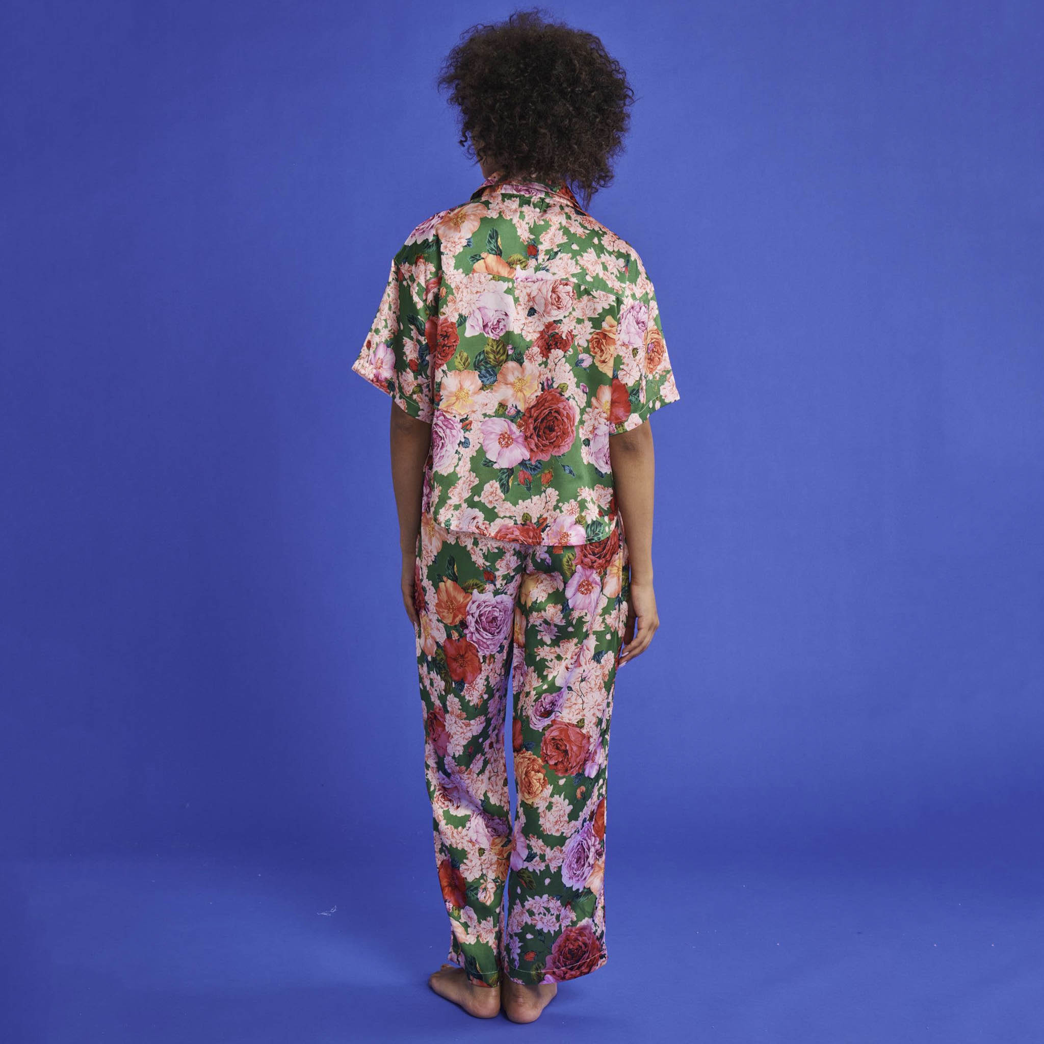 Kip & Co Satin Short Sleeve Shirt & Pant Pyjama Set - Rose Garden