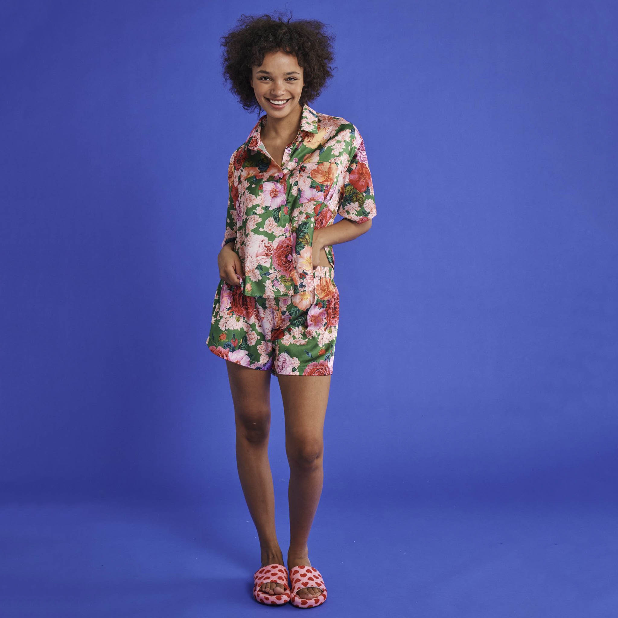 Kip & Co Satin Short Sleeve Shirt & Short Pyjama Set - Rose Garden