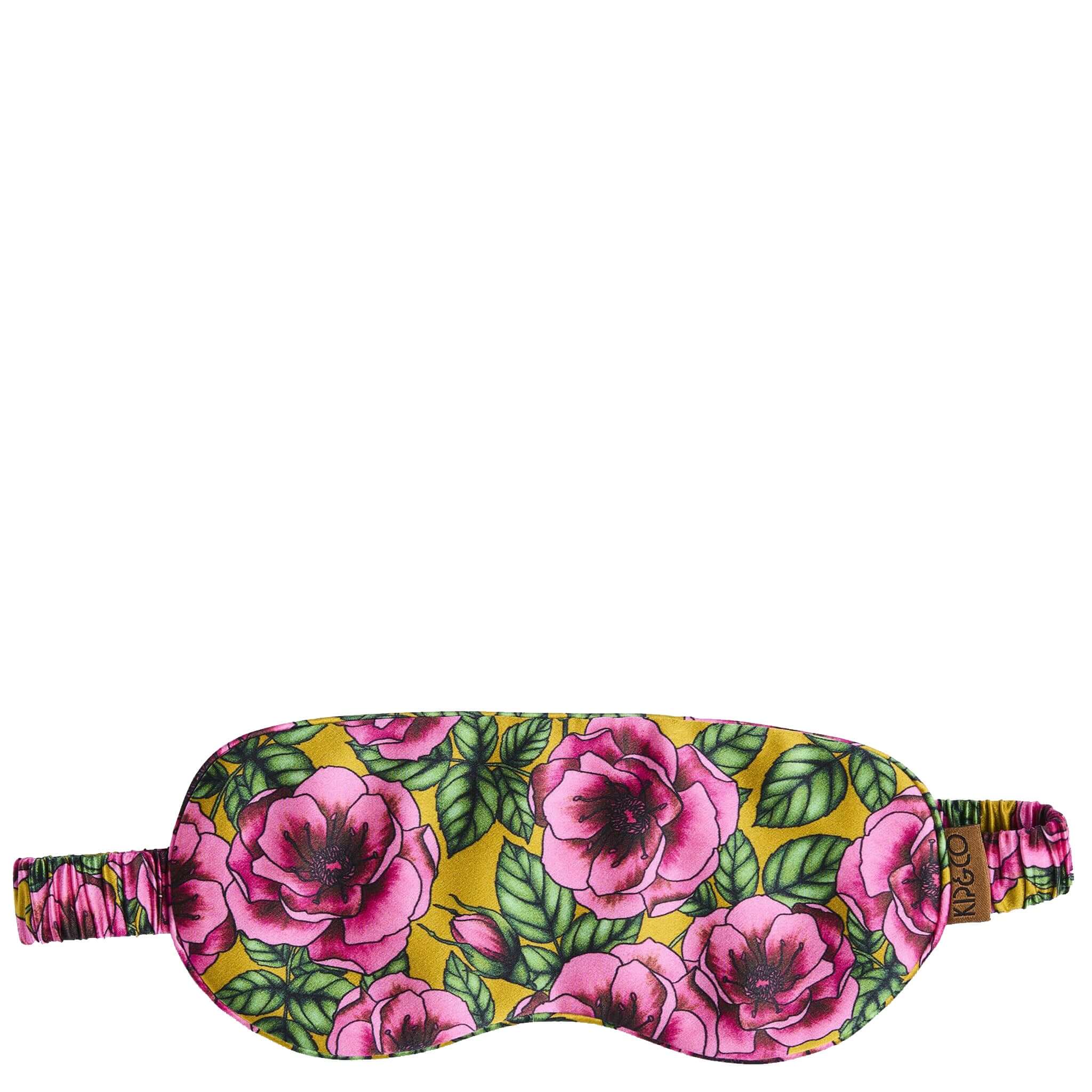 Alt Tag: Kip & Co Silk Eye Mask - Golden Peony mulberry silk sleep mask with pink peony floral print, blackout eye mask