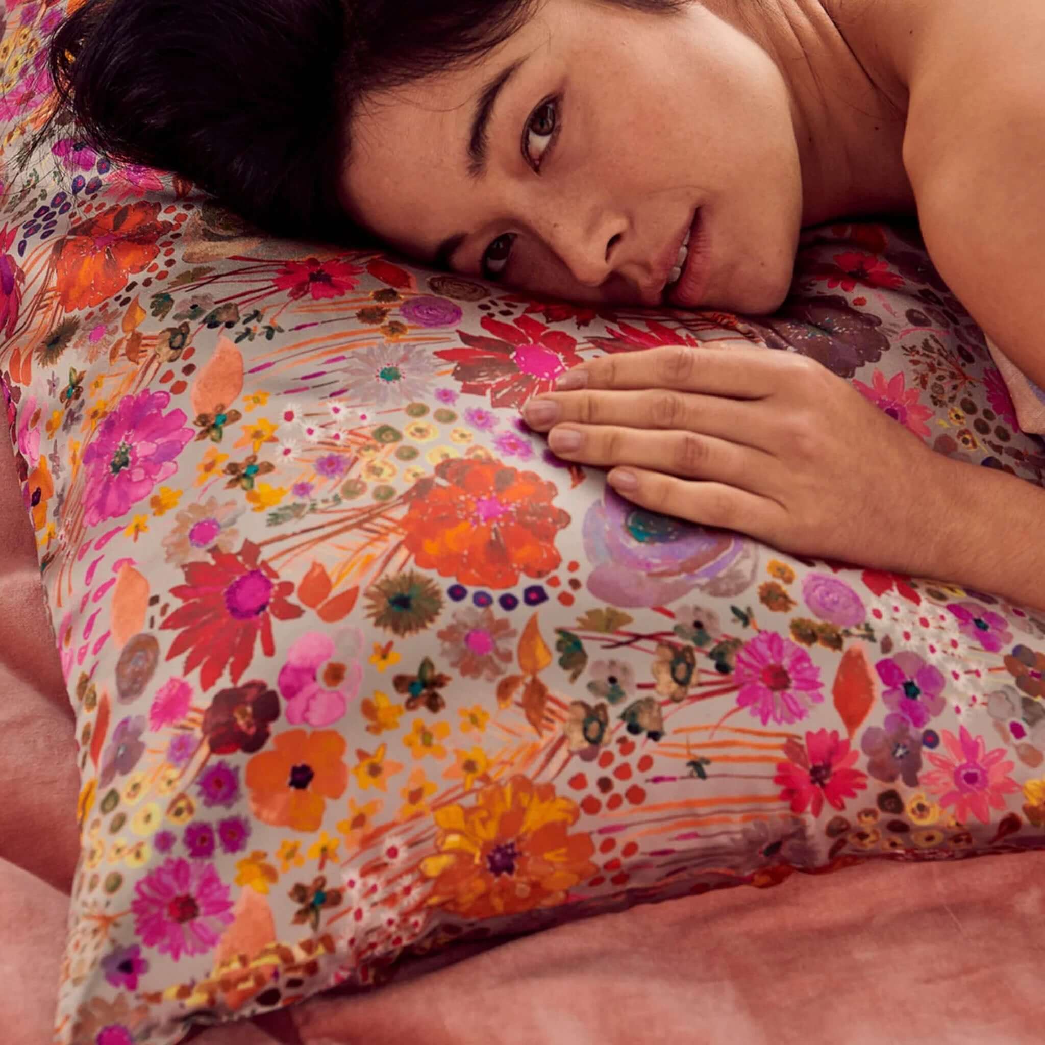 Alt Tag: Kip & Co Silk Pillowslip - Field of Dreams floral silk pillowcase in Field of Dreams print for smooth hair and glowing skin