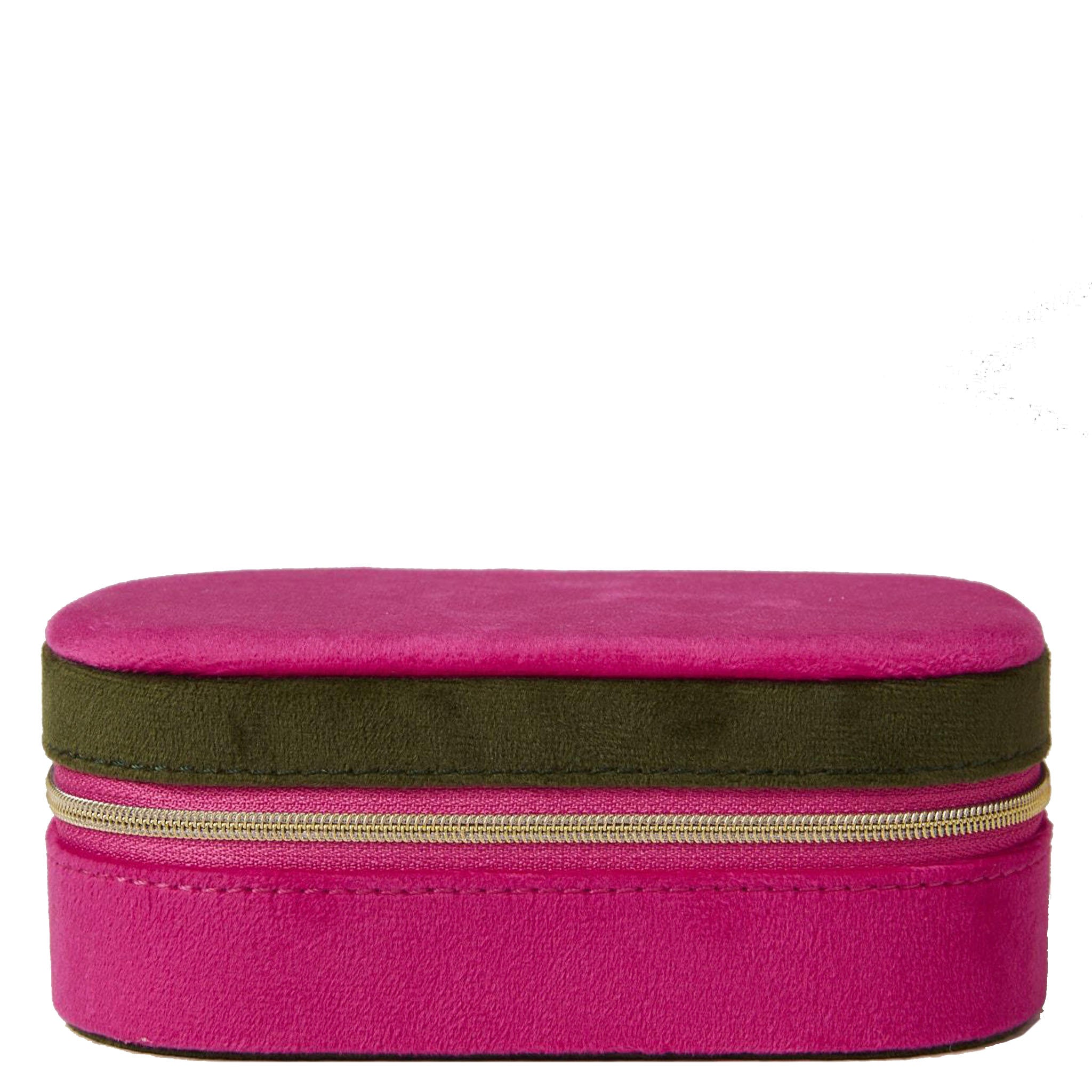 Pink rectangular case with a green band and gold zipper on a white background