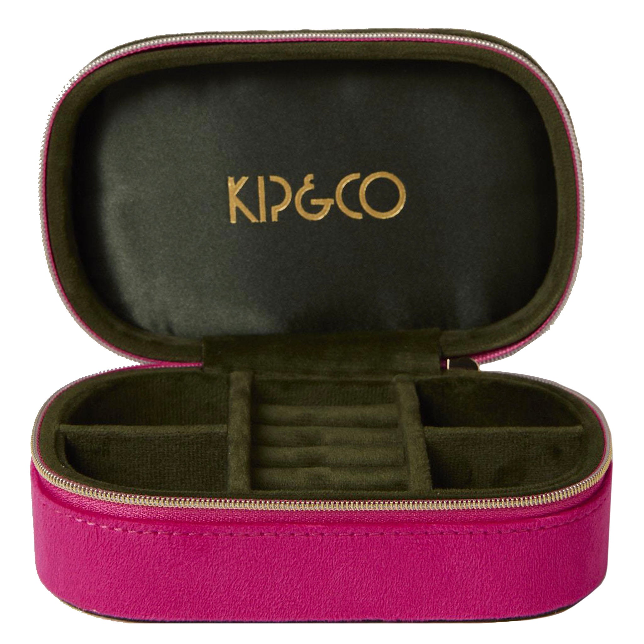 Pink jewelry case with gold interior and 'Kip & Co' branding on a white background