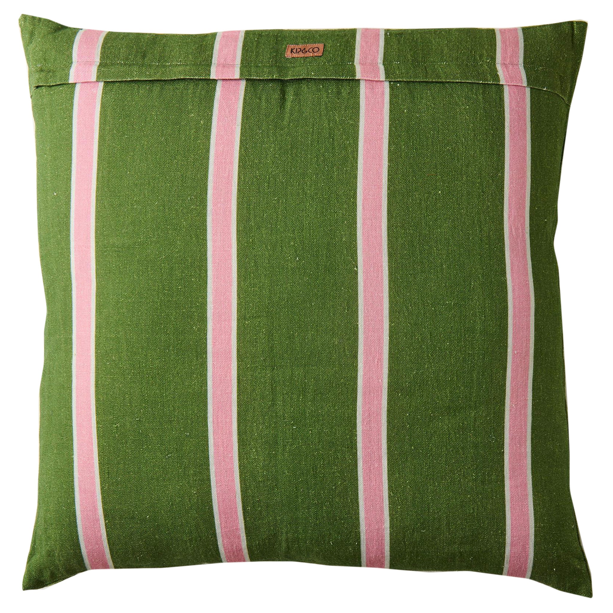 Green cushion with pink stripes on a white background
