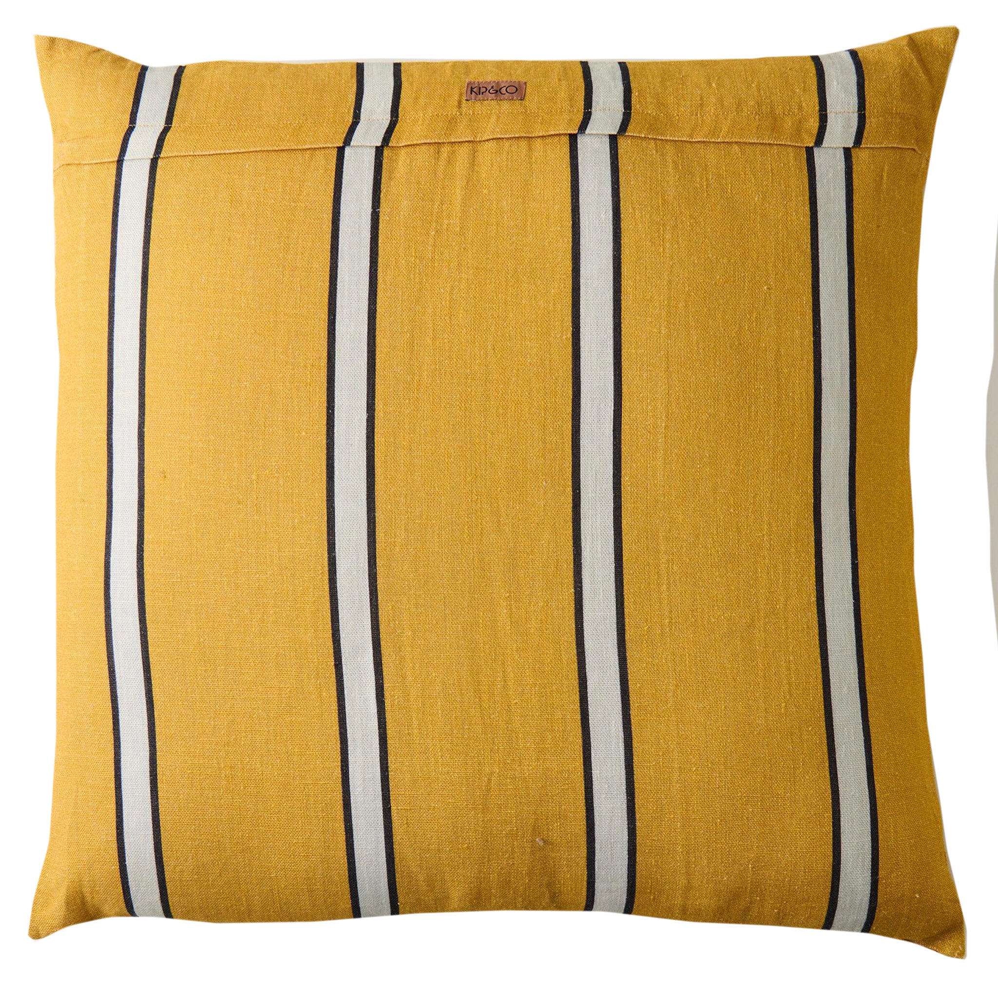 Yellow cushion with white and black stripes on a white background