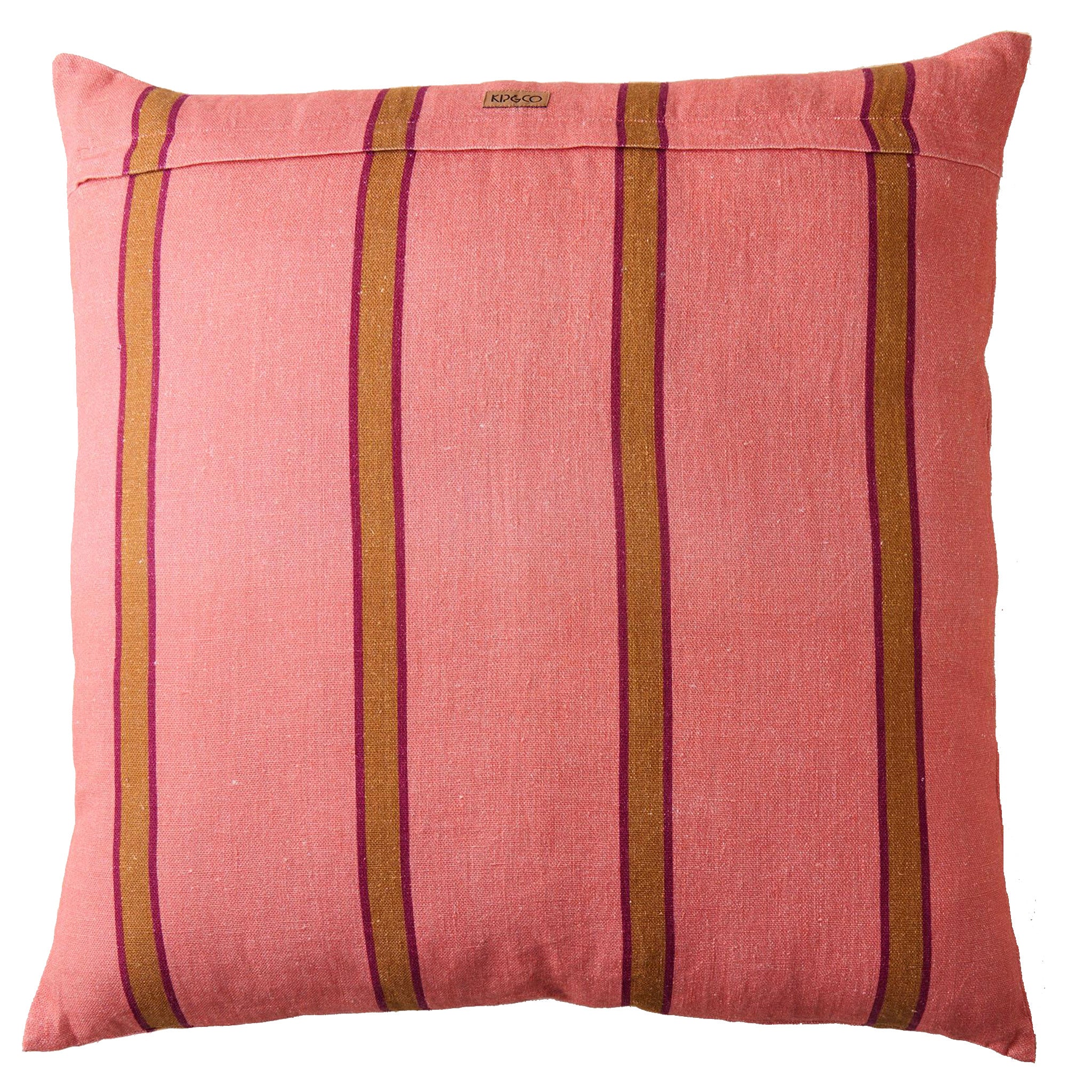 Pink cushion with gold and purple stripes on a white background