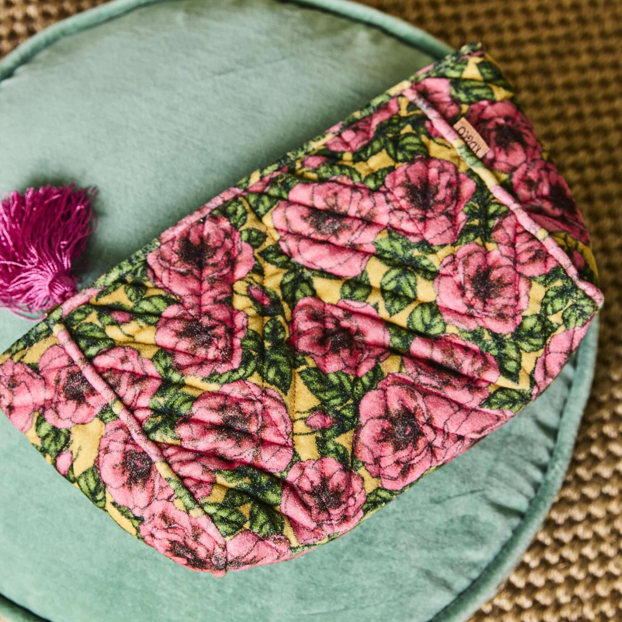 Alt Tag: Kip & Co Velvet Toiletry Bag - Golden Peony pink floral cotton velvet cosmetic bag with hot pink tassel and zip