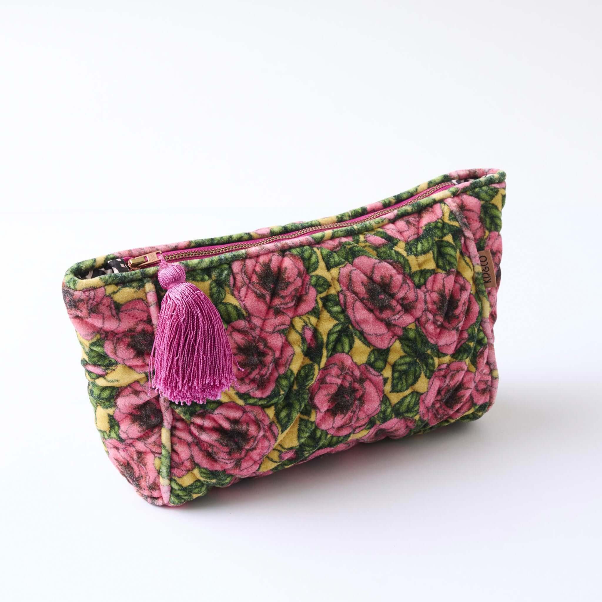 Alt Tag: Kip & Co Velvet Toiletry Bag - Golden Peony pink floral cotton velvet cosmetic bag with hot pink tassel and zip closure