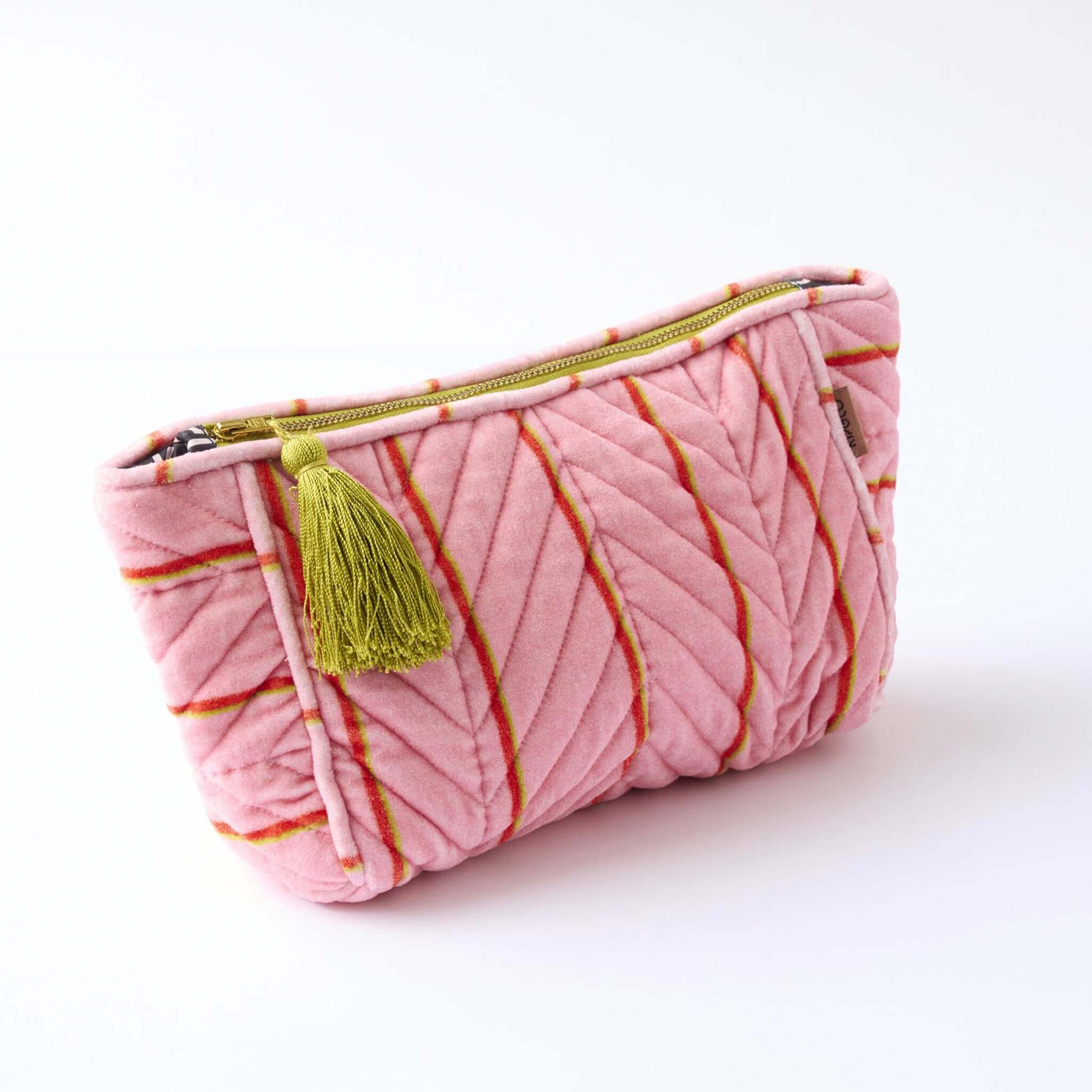 Alt Tag: Kip & Co Velvet Toiletry Bag - Wategos Soiree Stripe pink cotton velvet cosmetic bag with red stripes and lime green tassel