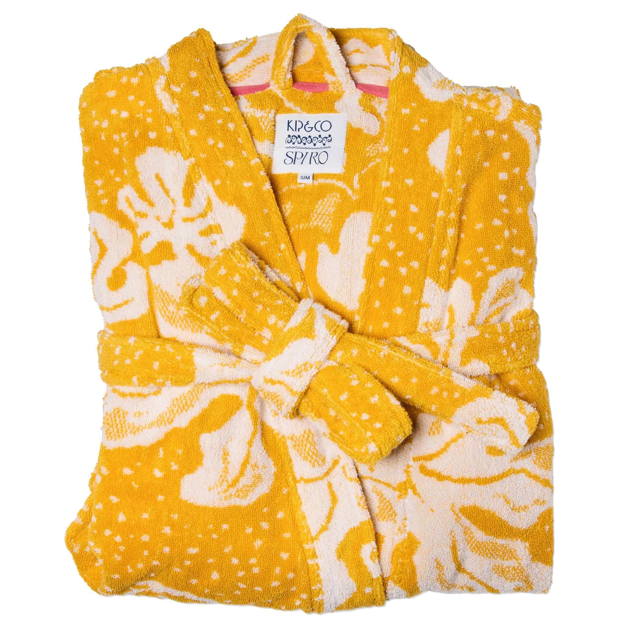 Kip & Co x Anna Spiro Elsternwig Fig Terry Bath Robe folded with tie belt in bright yellow and white floral pattern.