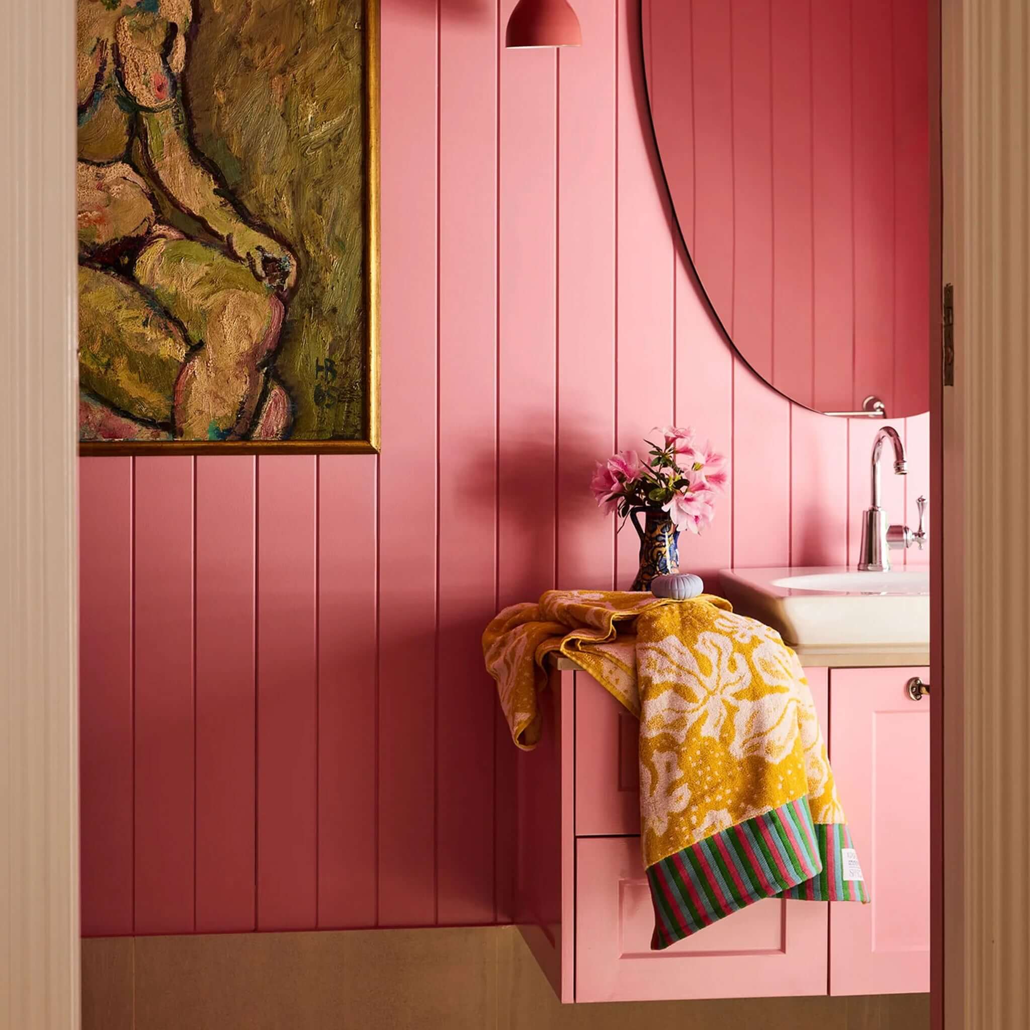 Kip & Co x Anna Spiro Elsternwig Fig Terry Face Washer displayed in a stylish pink bathroom setting.