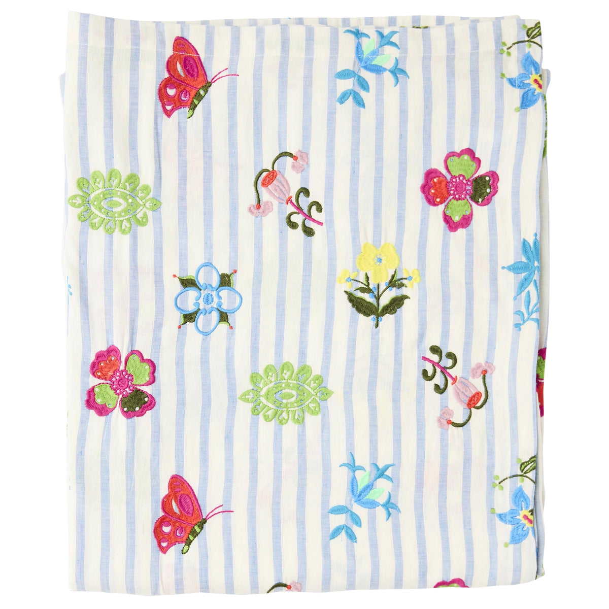 Kip & Co x Anna Spiro Tablecloth - Malabar Floral folded, embroidered butterflies and flowers on blue stripe