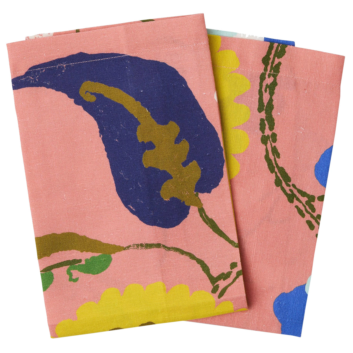 Kip & Co x Anna Spiro Napkin Set - Isabelle Sunset, two folded napkins with cobalt blooms on coral pink