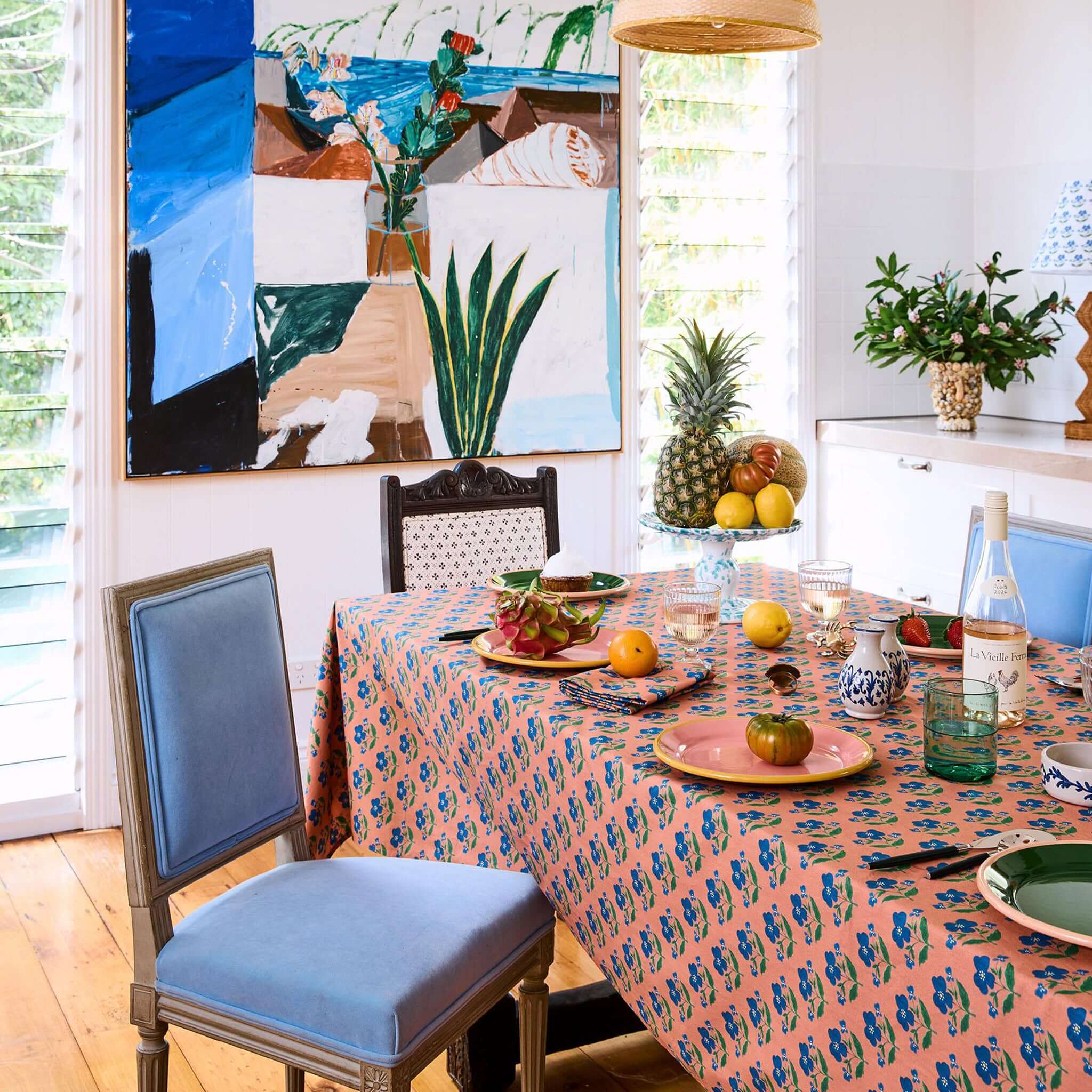 Kip & Co x Anna Spiro  Linen & Cotton Tablecloth - Indian Summer Rose on a beautifully set dining table.