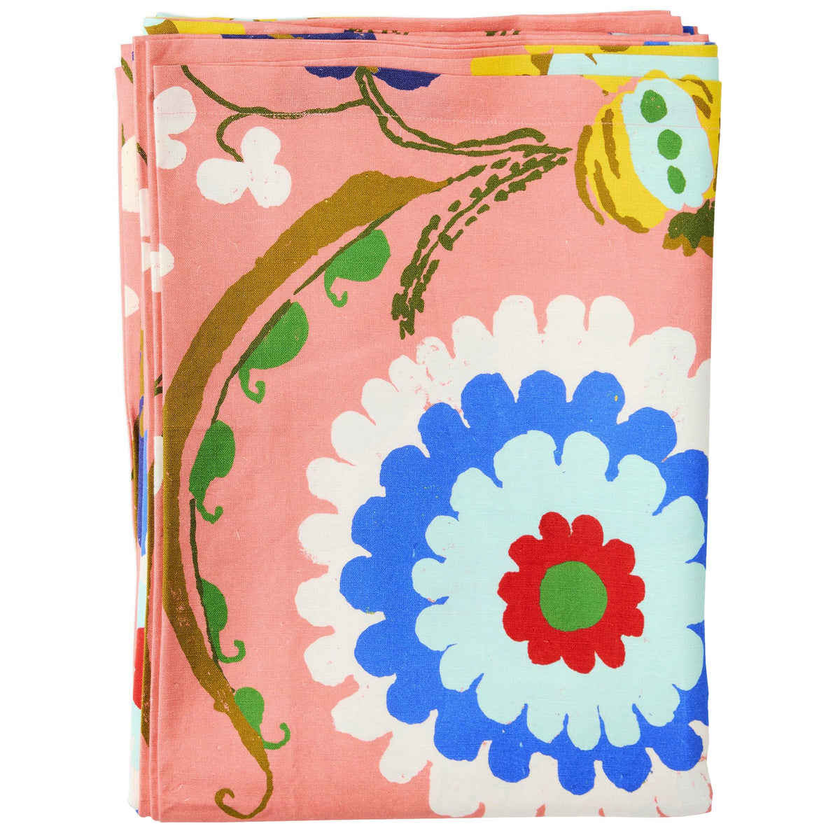 Kip & Co x Anna Spiro Tablecloth - Isabelle Sunset folded, large blue, white and red blooms on coral pink