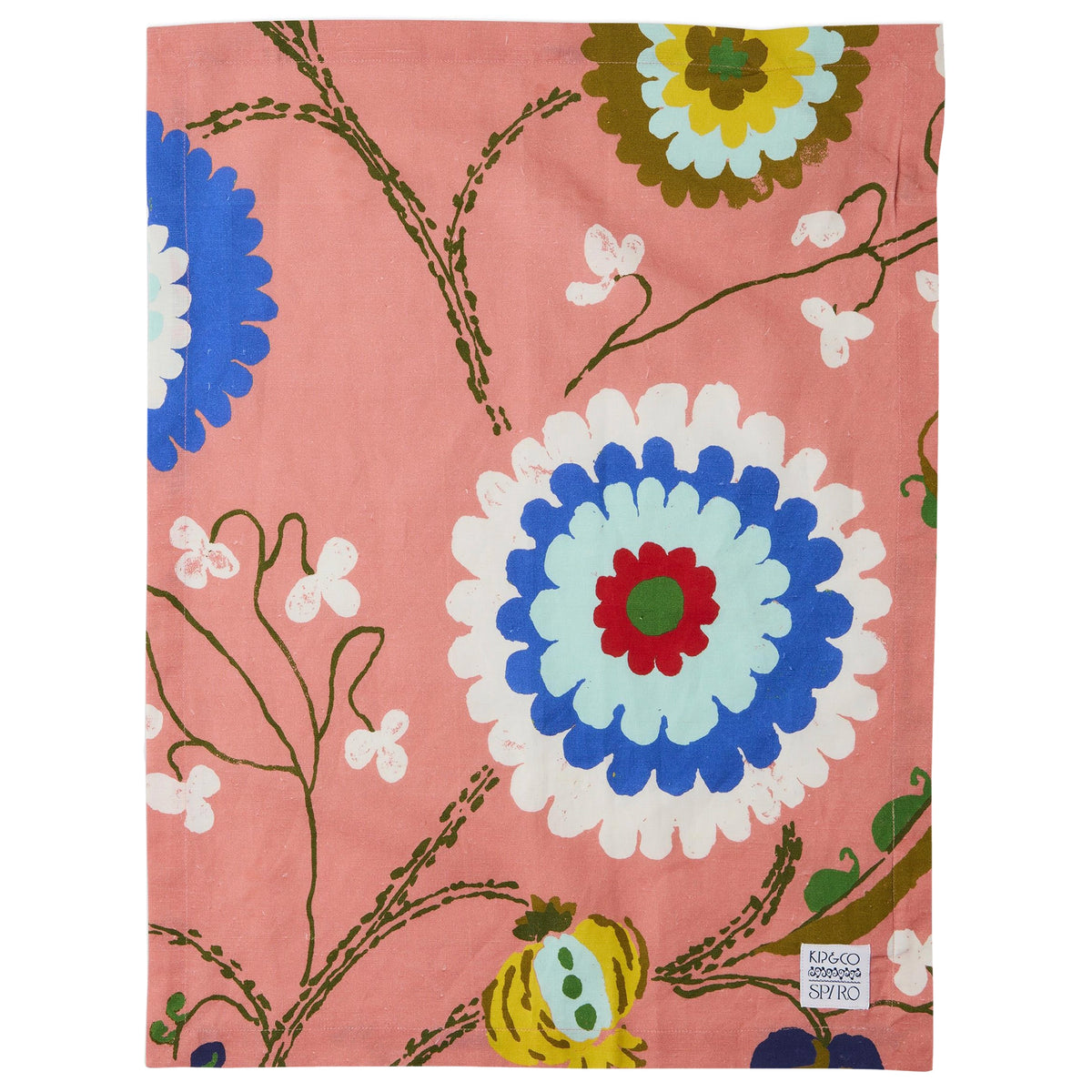 Kip & Co x Anna Spiro Linen & Cotton Tea Towel - Isabelle Sunset, cobalt and gold blooms with vines on coral pink