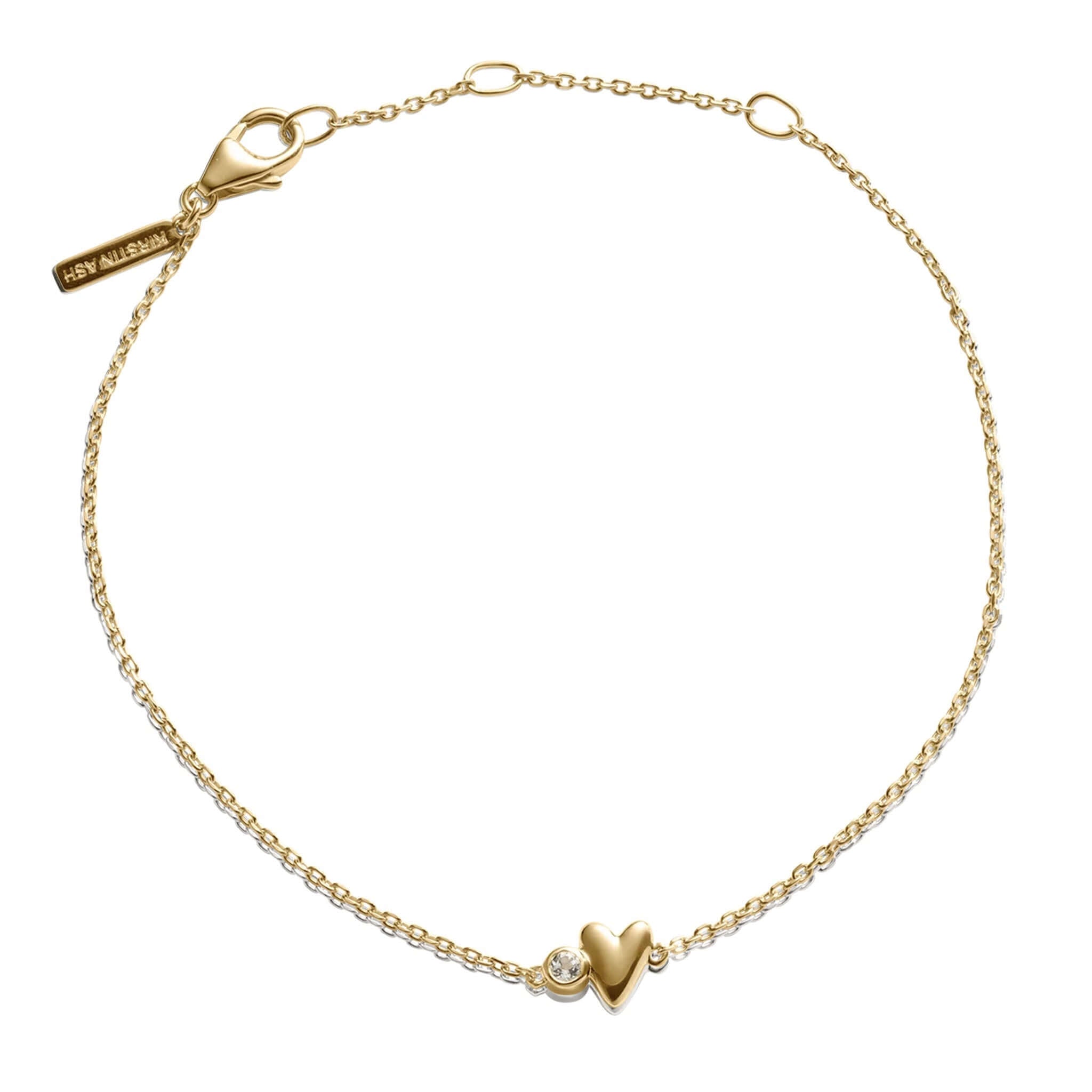Alt Tag: Kirstin Ash Vista Collection Abode Heart Bracelet in 18k gold-plated with heart charm and white topaz on fine chain