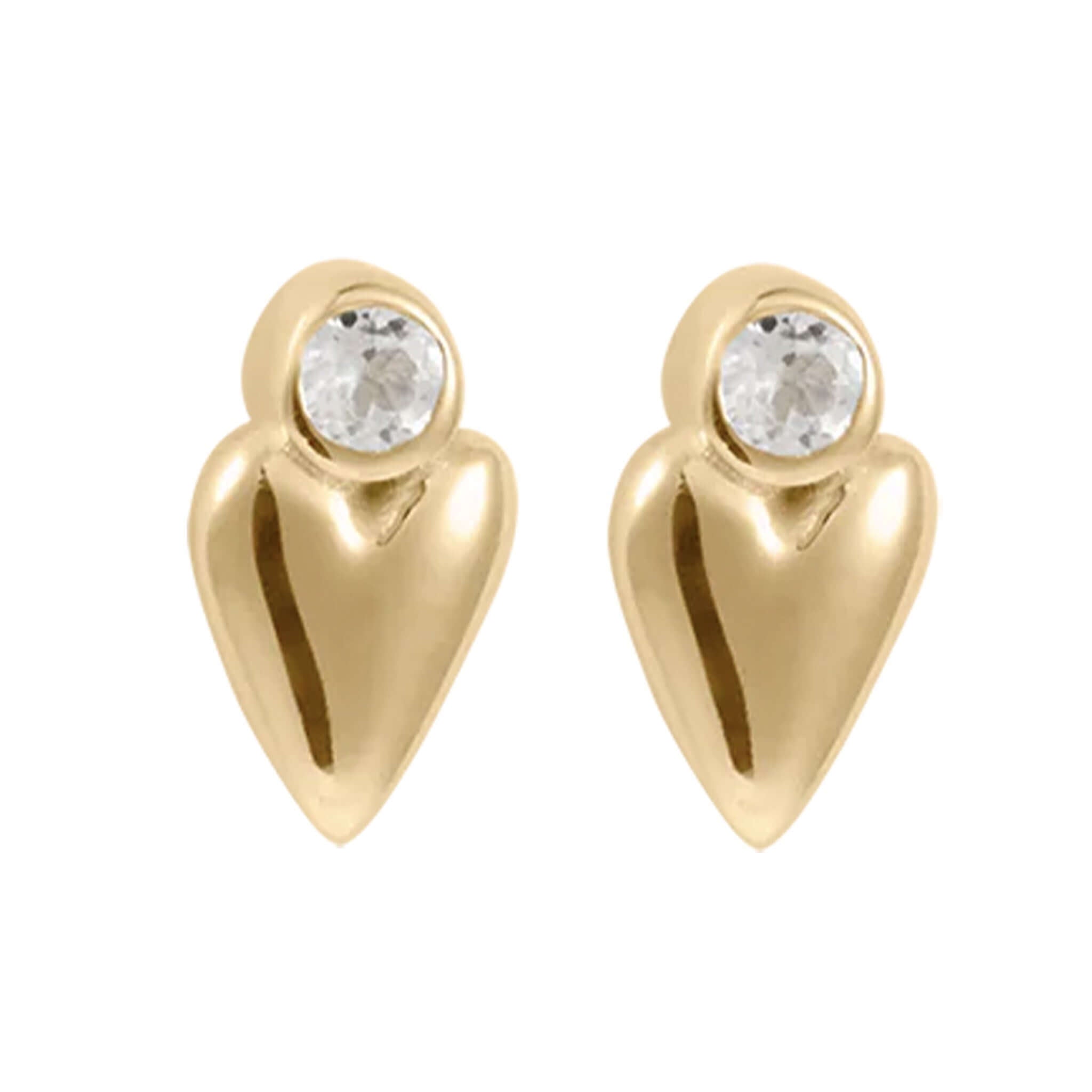 Alt Tag: Kirstin Ash Vista Collection Abode Heart Stud Earrings 18k gold-plated heart studs with white topaz gemstone pair