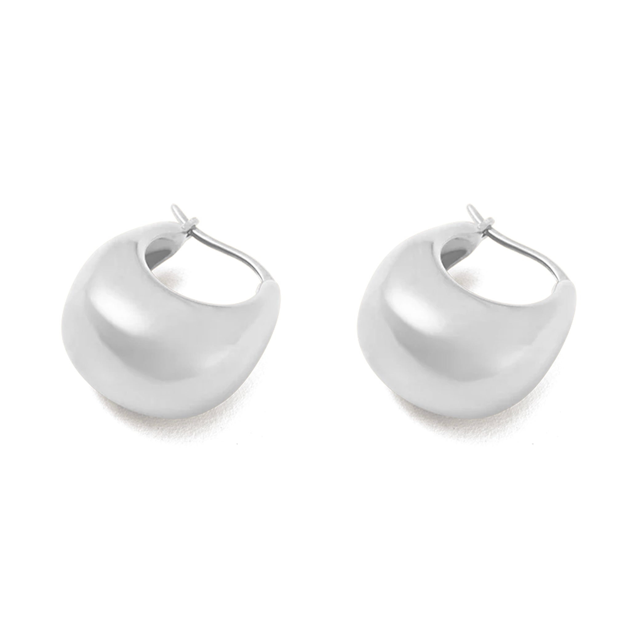 Pair of silver hoop earrings on a white background