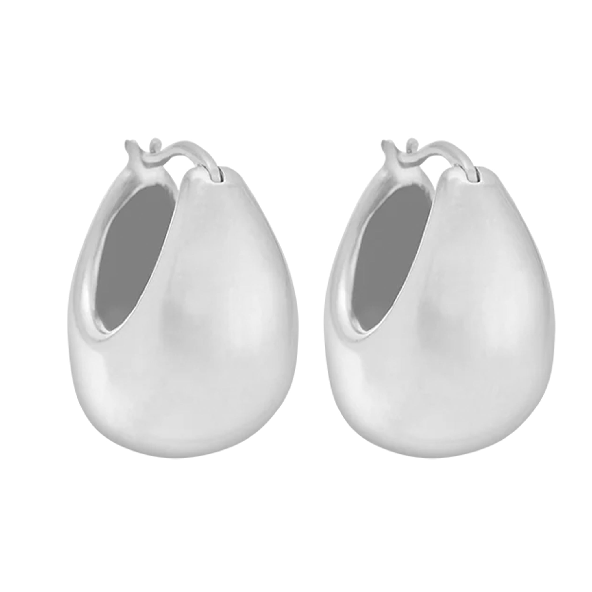 Pair of silver hoop earrings on a white background
