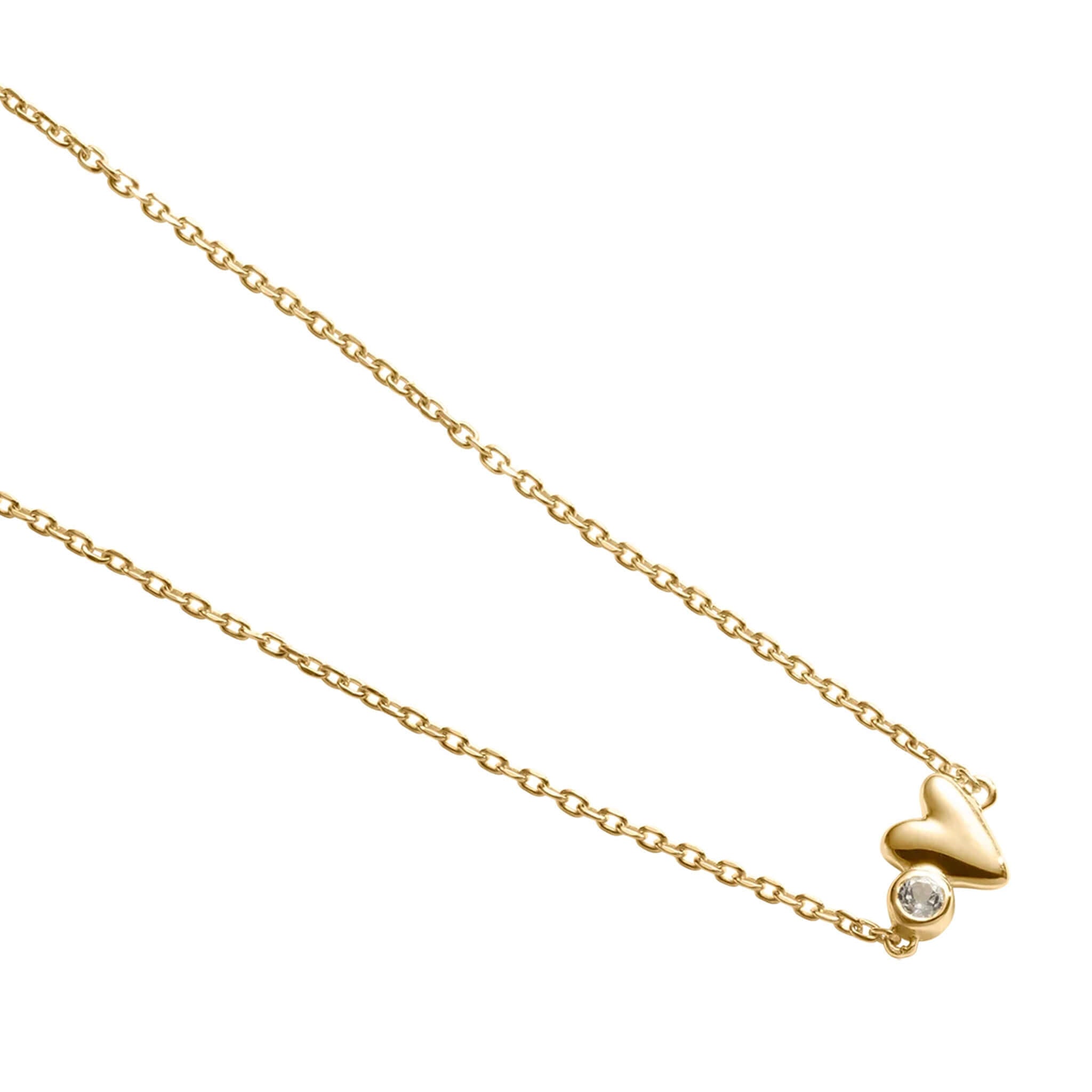 Alt Tag: Kirstin Ash Vista Collection Abode Heart Bracelet 18k gold-plated fine chain bracelet with heart charm and white topaz