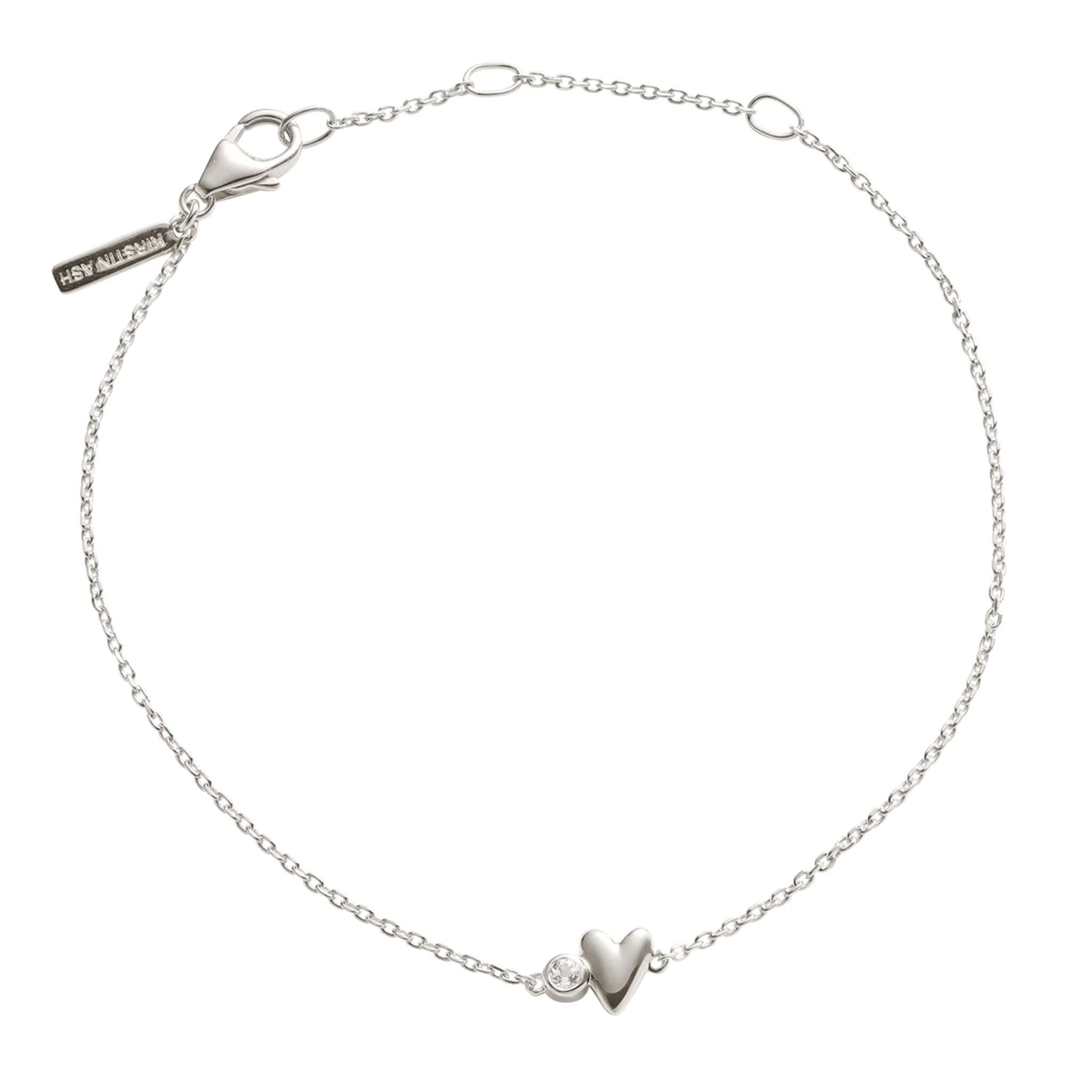 Alt Tag: Kirstin Ash Vista Collection Abode Heart Bracelet sterling silver chain bracelet with heart charm and white topaz