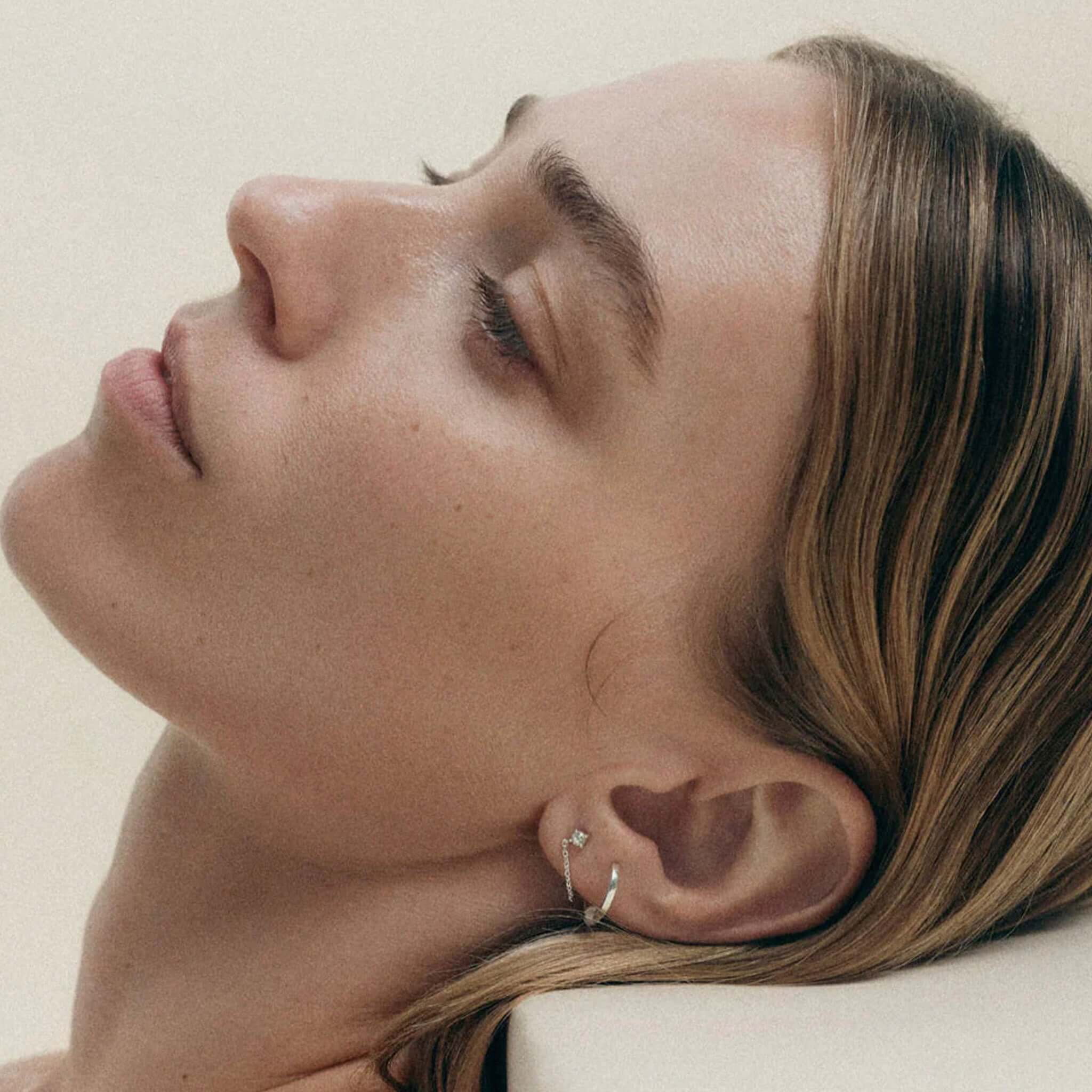 Alt Tag: Kirstin Ash Vista Collection Contour Hoop Earrings on model, polished contour hoop earring with softly sculpted edges