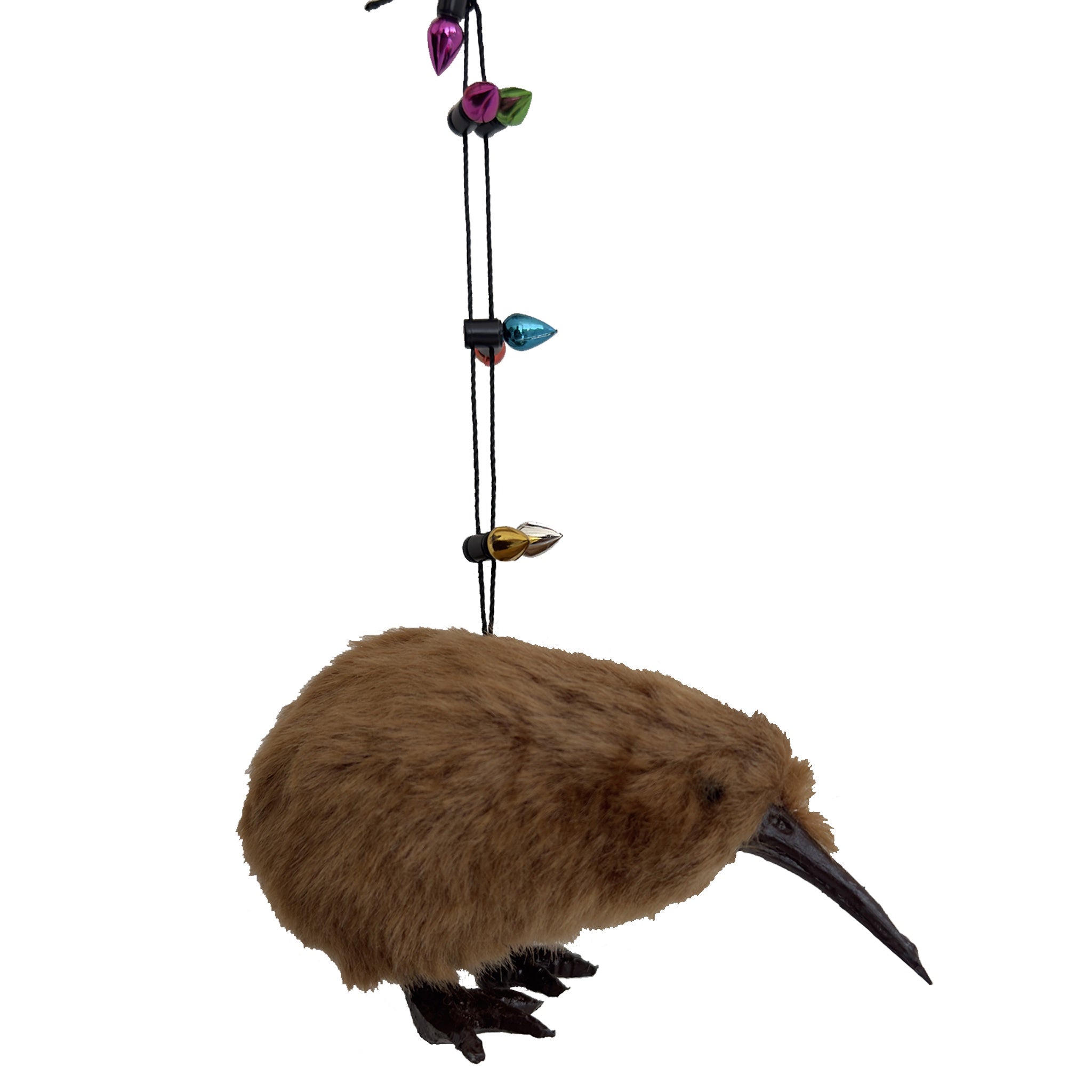 Plush kiwi bird toy with colorful beads on a white background