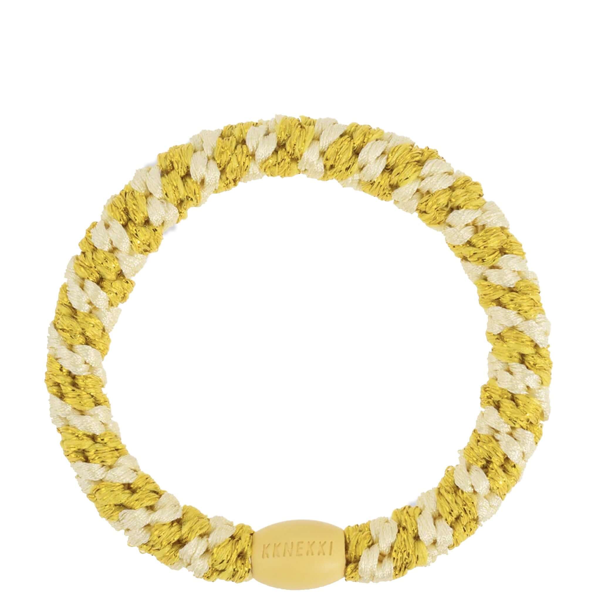 Alt Tag: Kknekki Hair Tie - Light Yellow Sun Glitter Stripe woven waterproof no-damage hair elastic with recycled bead