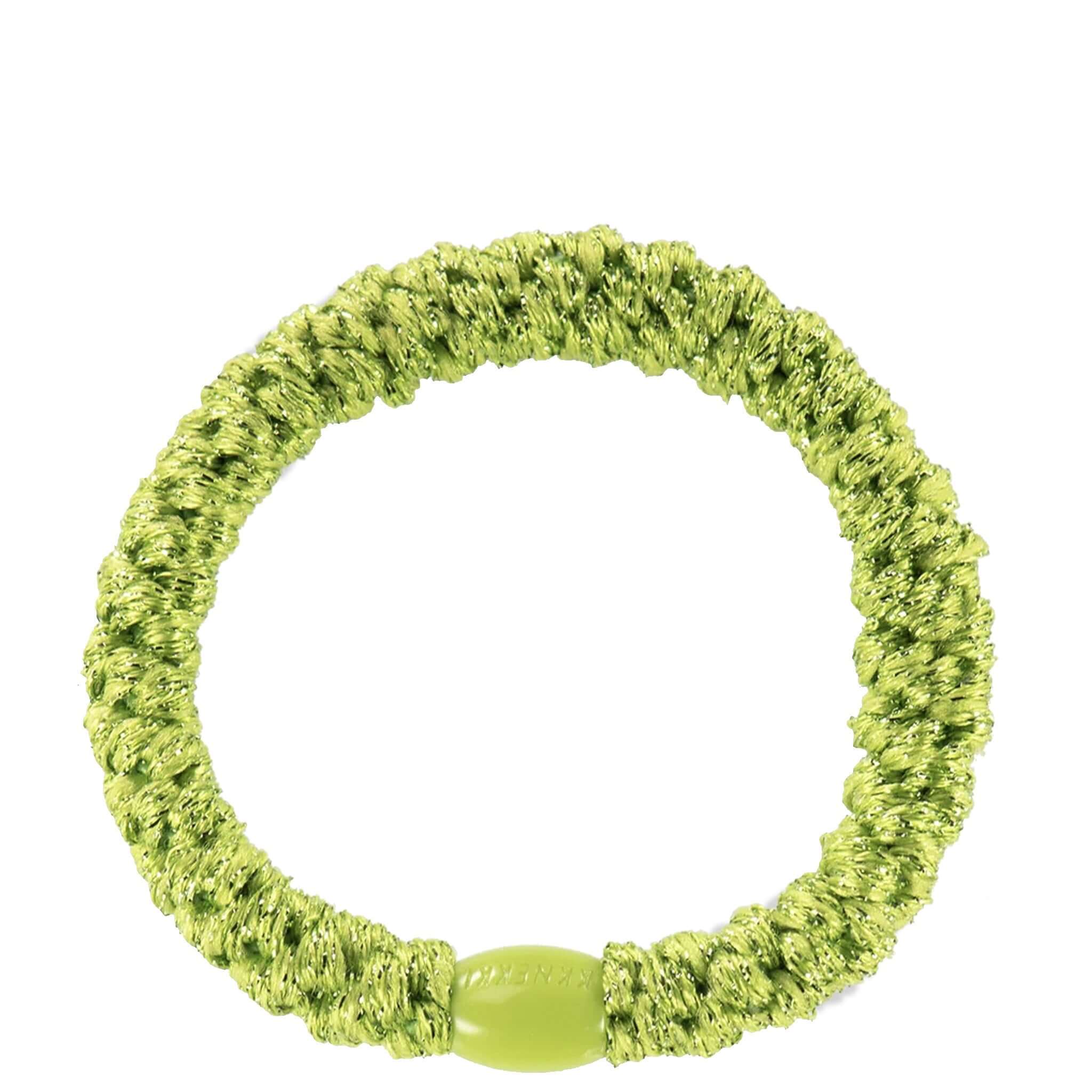 Alt Tag: Kknekki Hair Tie - Lime Glitter woven waterproof no-damage hair elastic with recycled bead, strong snag-free hold for all hair types