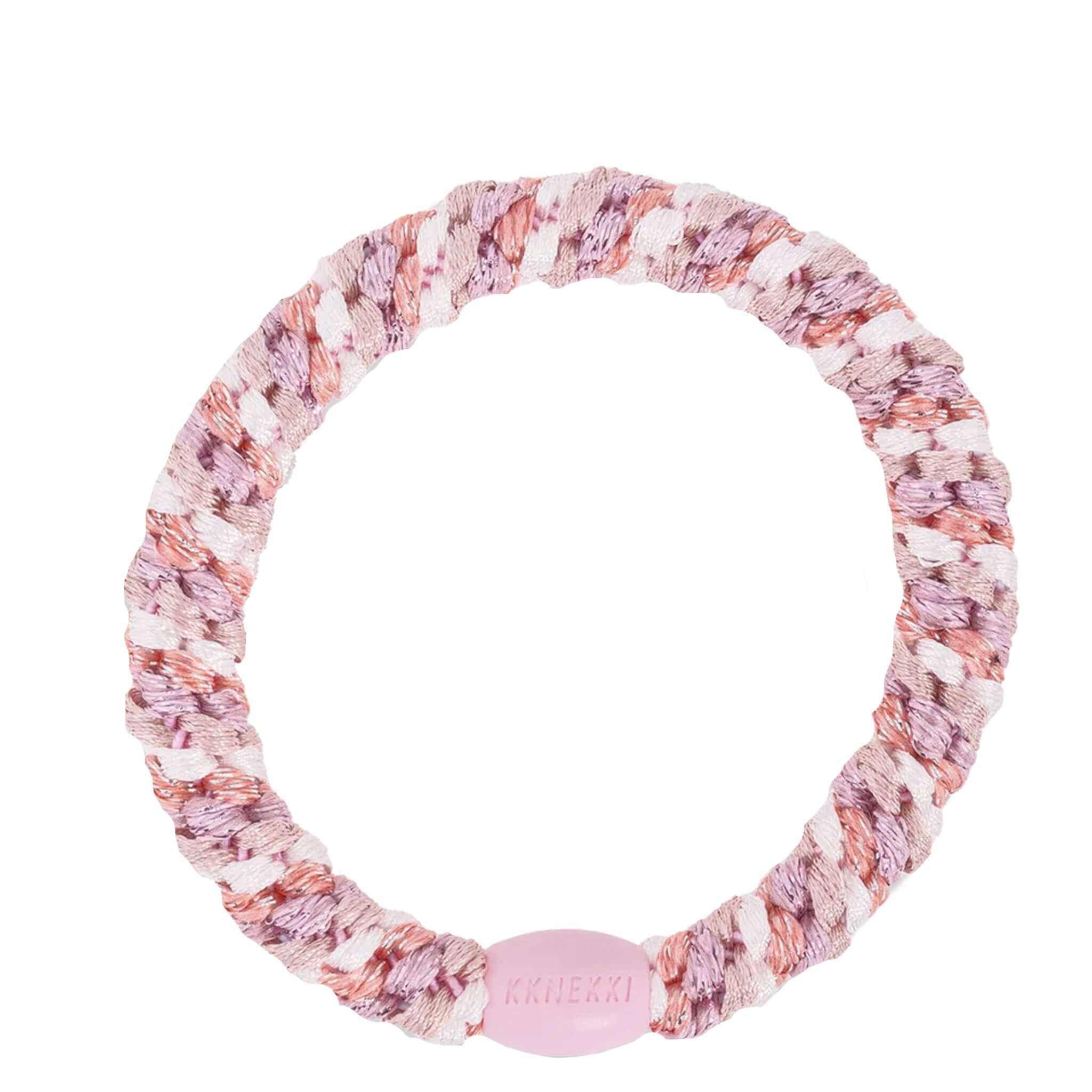 Alt Tag: Kknekki Hair Tie - Mix Dusty Rose Pink Glitter woven hair tie with recycled bead, strong no-damage hold, waterproof, fade-resistant