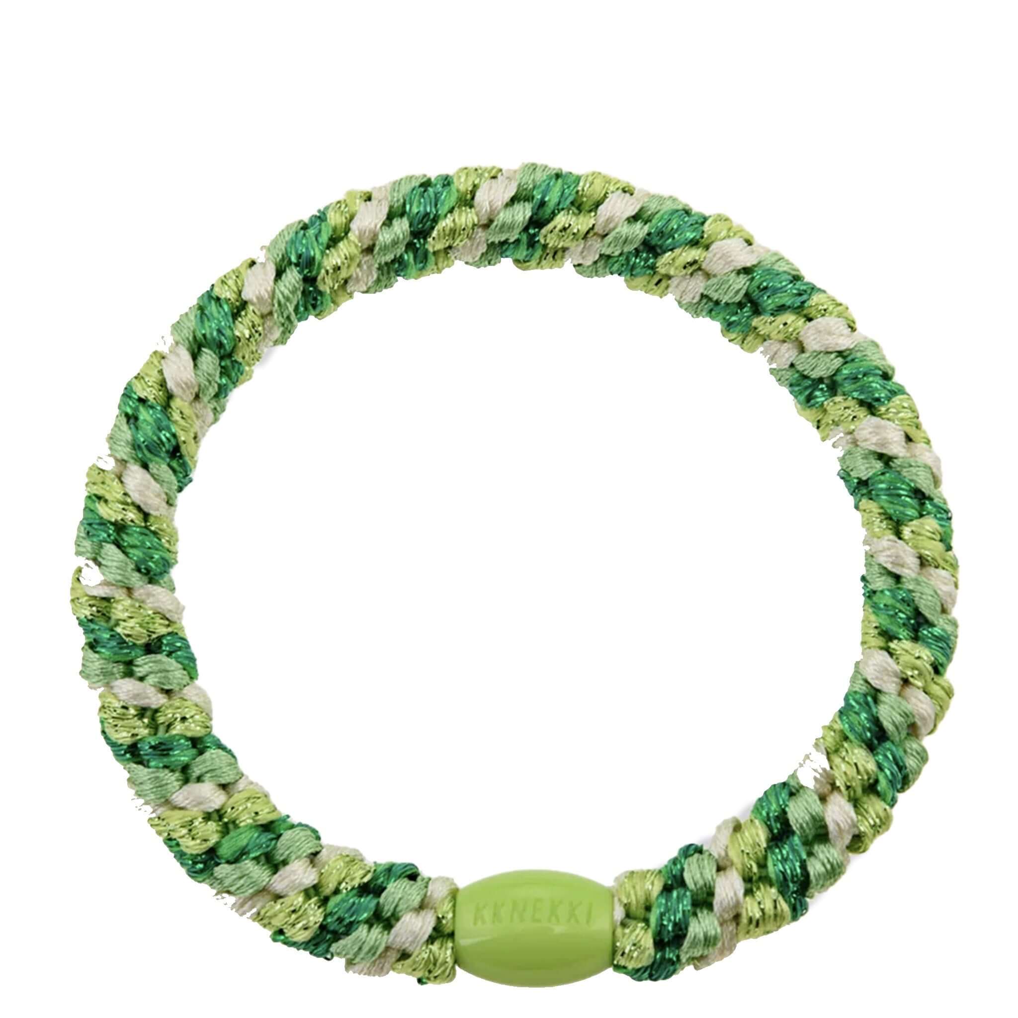 Alt Tag: Kknekki Hair Tie - Mix Grass Green Glitter woven waterproof no-damage hair elastic with recycled bead
