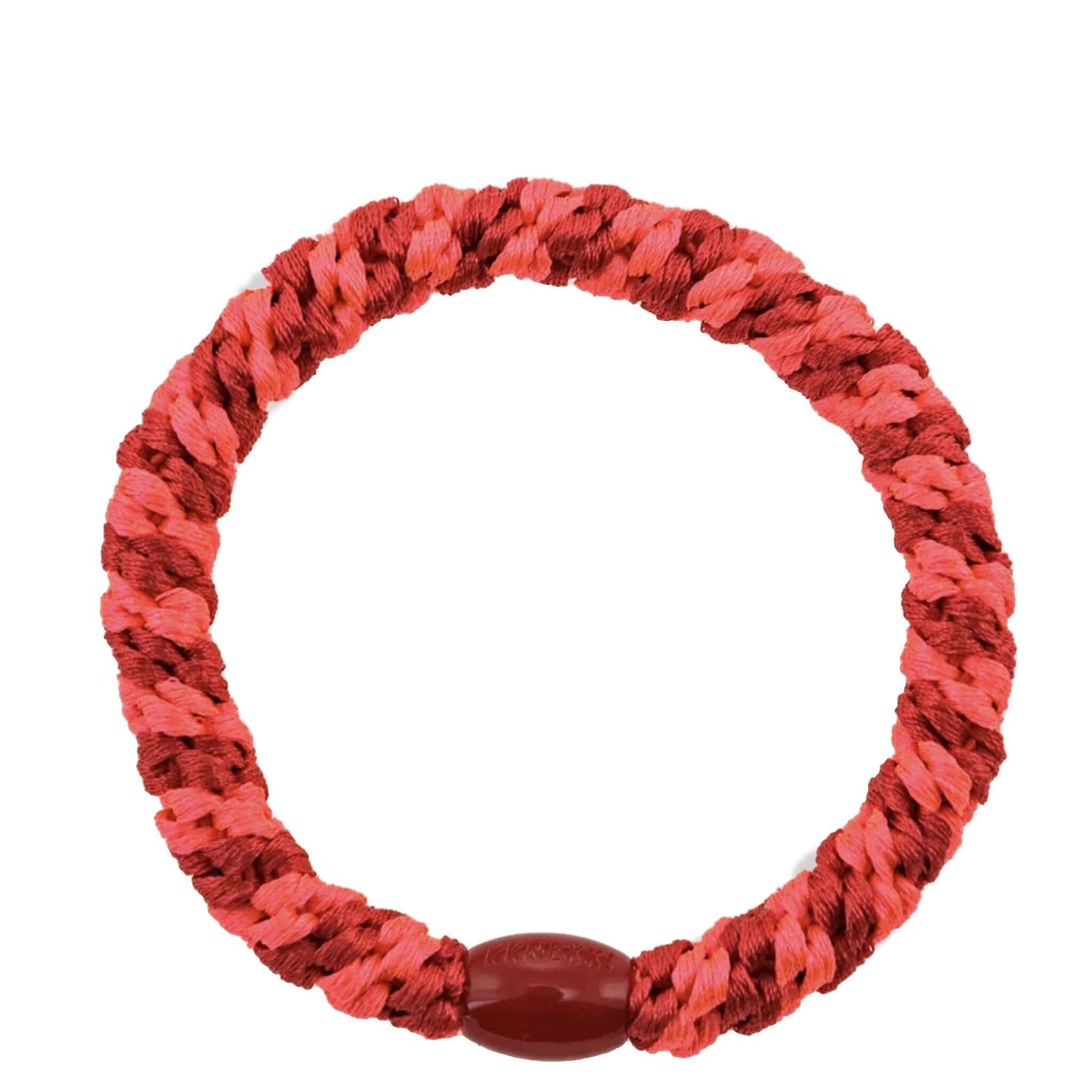 Alt Tag: Kknekki Hair Tie - Red Neon Pink Stripe woven waterproof no-damage hair elastic with recycled bead