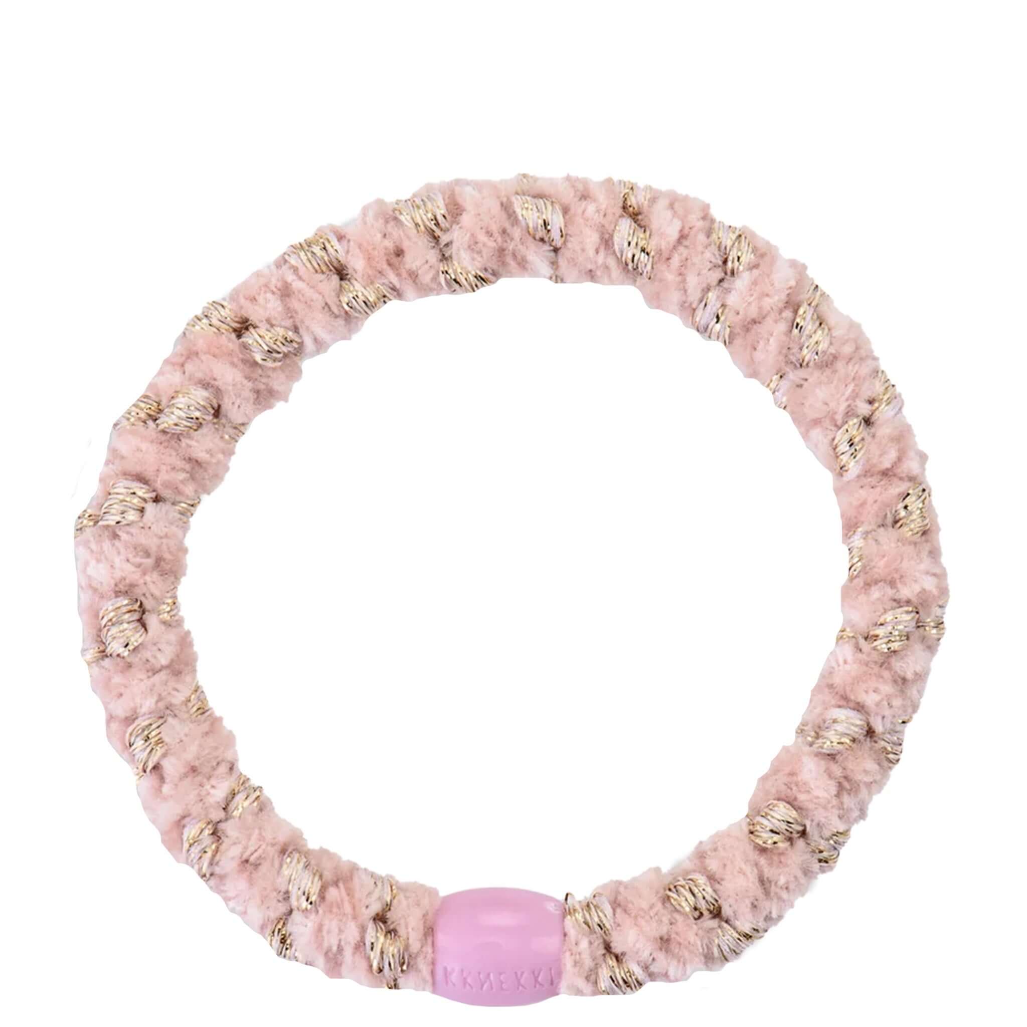 Alt Tag: Kknekki Hair Tie - Velvet Stripe Dusty Light Pink velvet striped woven hair tie with recycled bead, no-damage strong hold