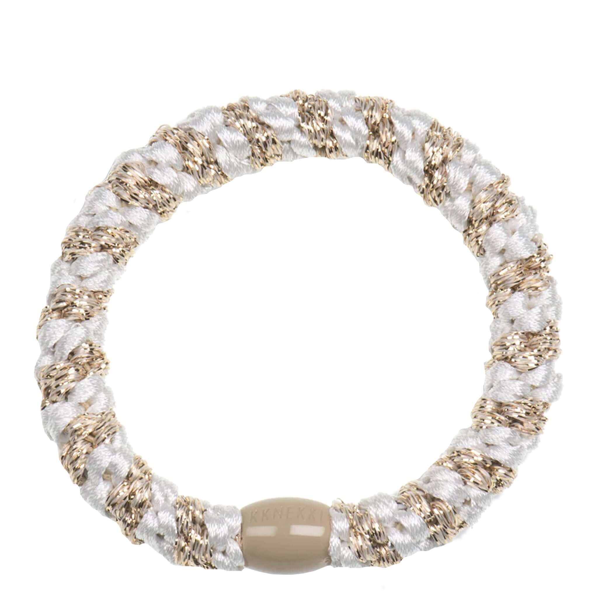 Kknekki Hair Tie - White & Beige Glitter Stripe, durable and stylish hair accessory.