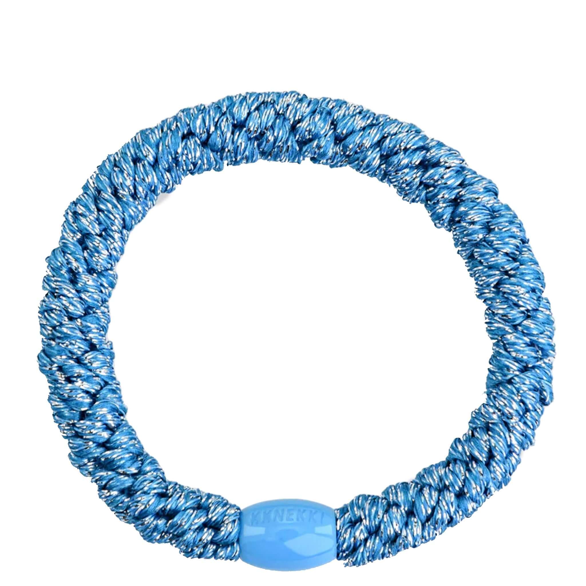 Alt Tag: Kknekki Hair Tie - Blue Silver Glitter woven waterproof no-damage hair elastic with recycled bead