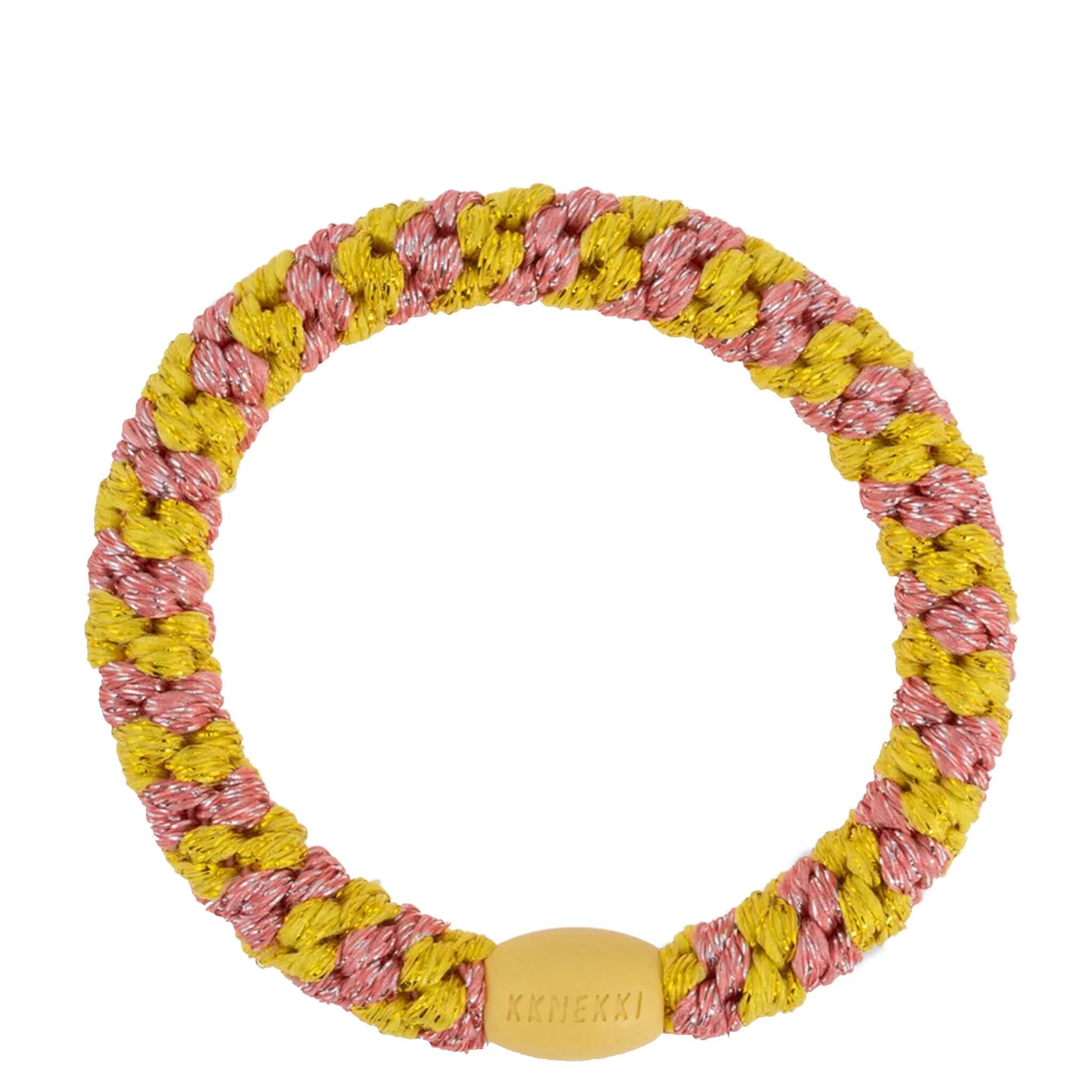 Alt Tag: Kknekki Hair Tie - Coral Glitter Stripe woven waterproof no-damage hair elastic with recycled bead, coral glitter stripe