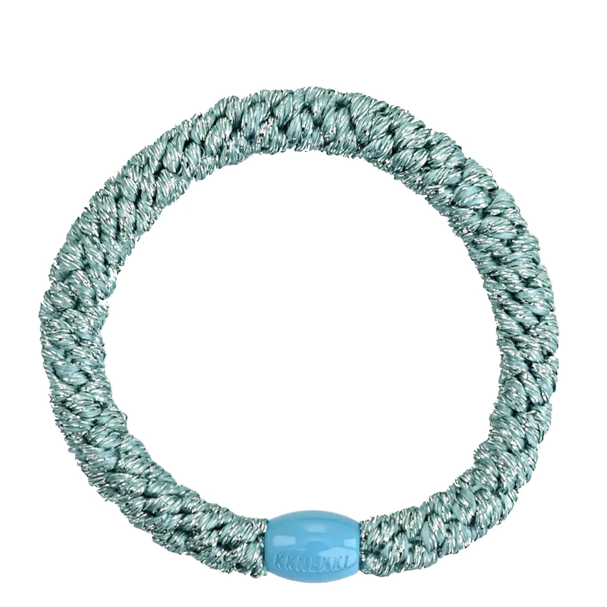 Kknekki Hair Tie - Green Silver Glitter woven waterproof no-damage hair elastic with recycled bead, strong comfortable hold
