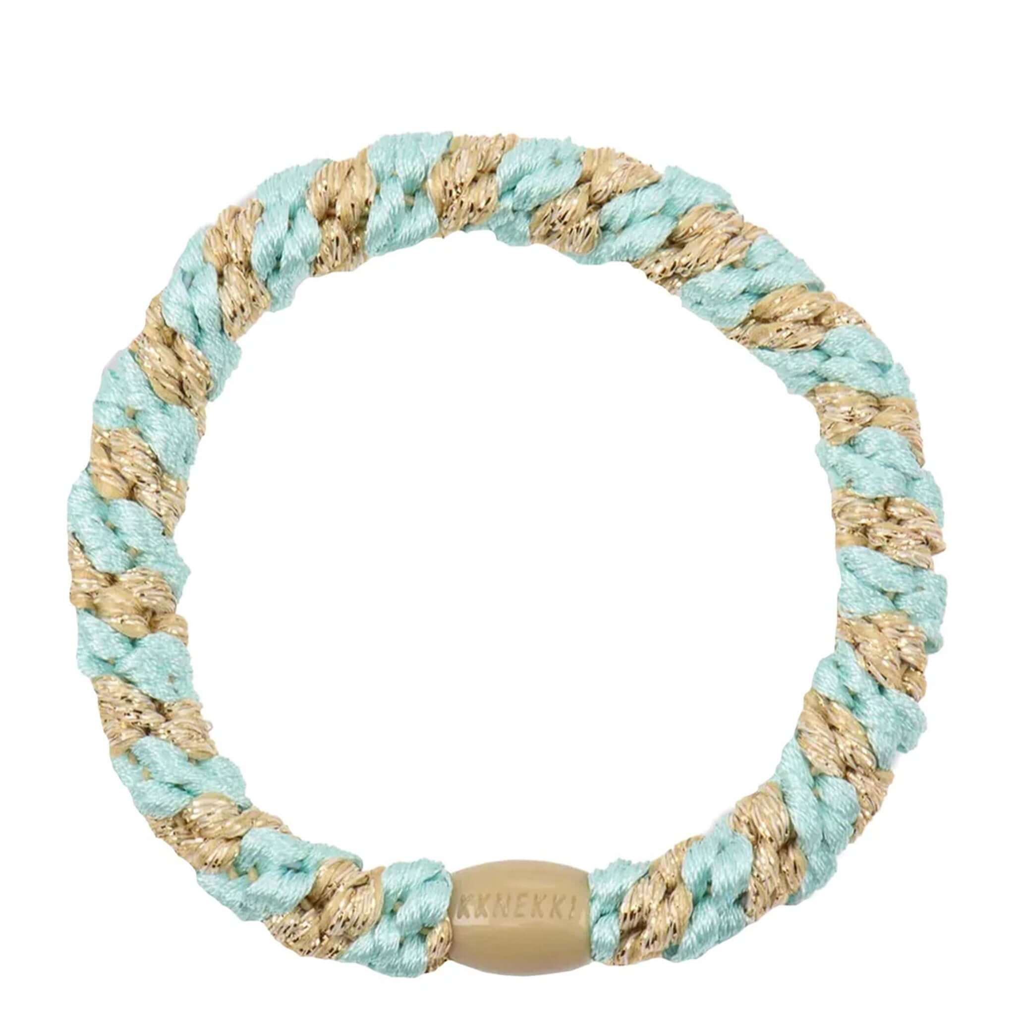 Kknekki Hair Tie - Peppermint Beige Glitter Stripe featuring a woven design in mint and beige.