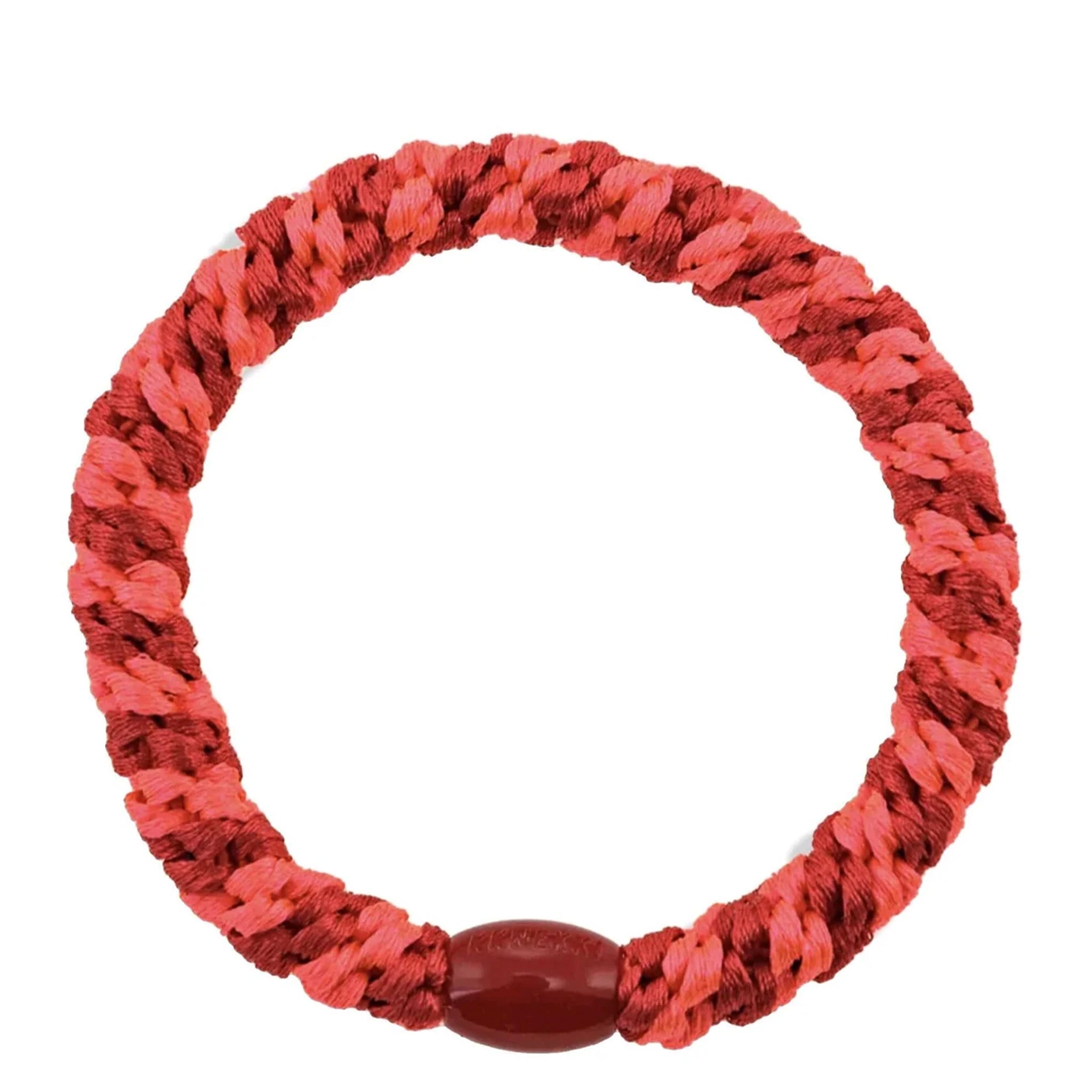 Kknekki Hair Tie - Red Neon Pink Stripe Mix featuring a woven design and durable recycled plastic bead.