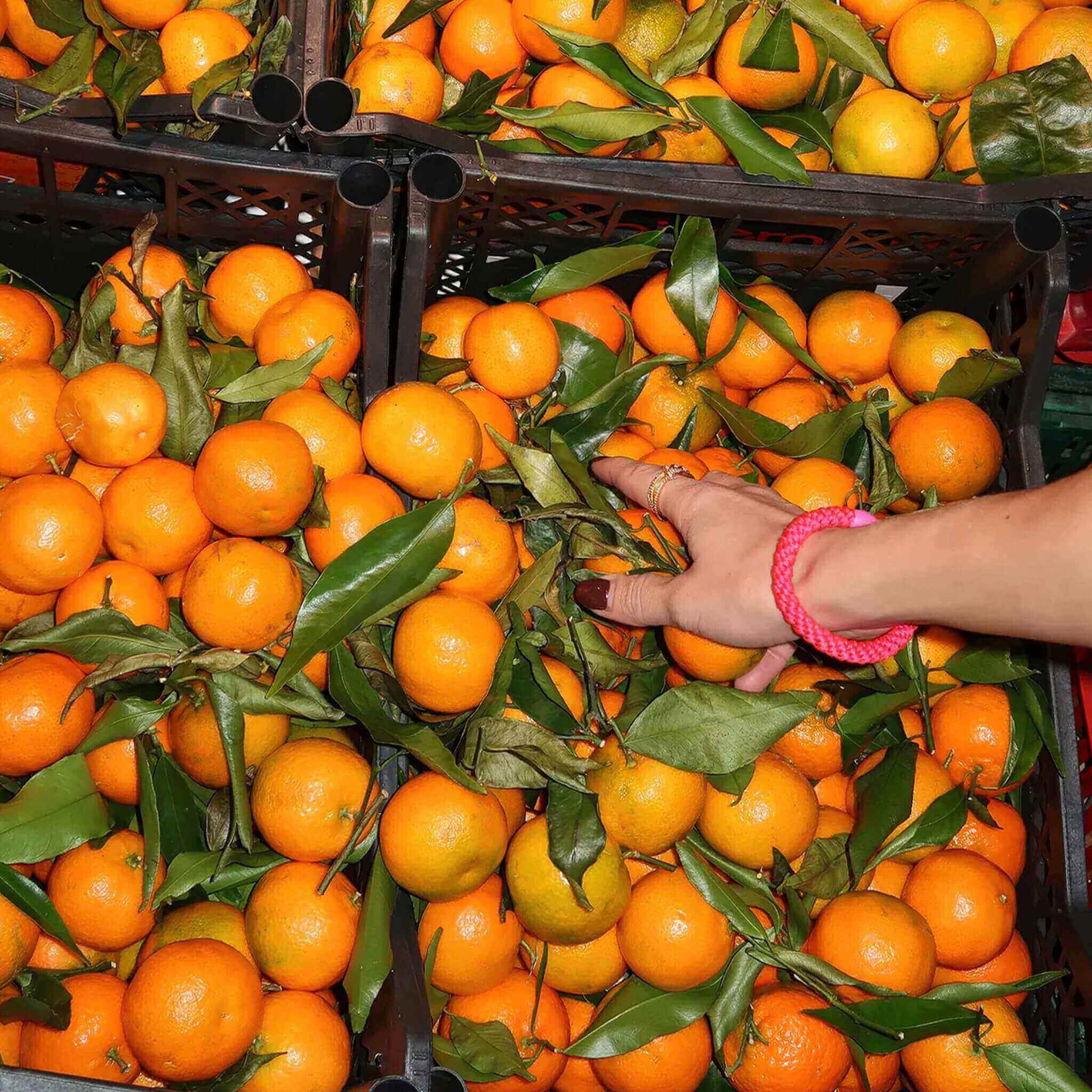 Alt Tag: Hand picking oranges in market crates while wearing Kknekki Hair Tie - Coral Glitter Stripe coral glitter woven hair tie